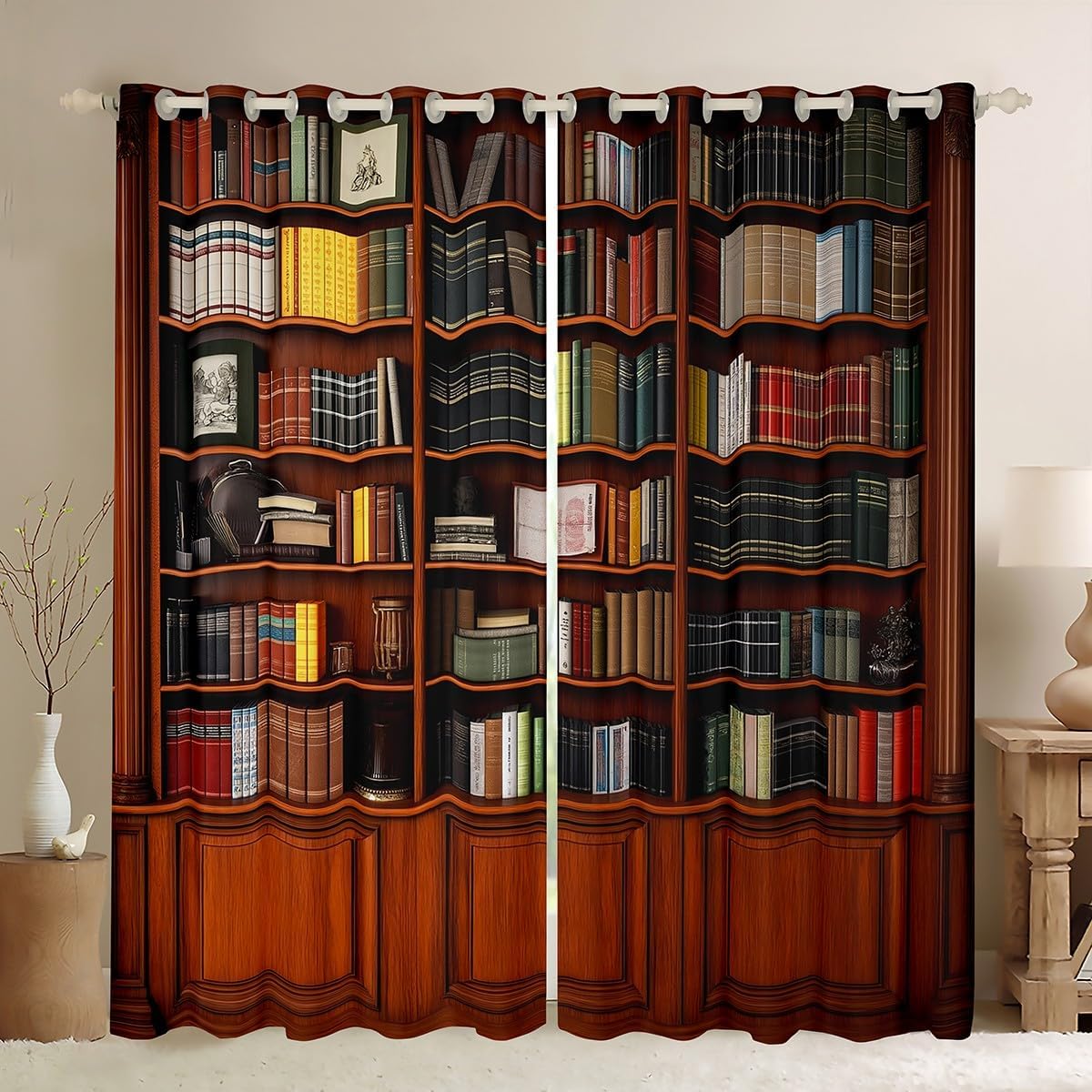 jejeloiu Library Bookcase Curtains for Bedroom Living Room Vintage Library Books Blackout Darkening Drapes Retro Bookshelf Window Treatments, 2 Panels 52 x 84 Inch Education Reading Room Decor