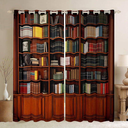 jejeloiu Library Bookcase Curtains for Bedroom Living Room Vintage Library Books Blackout Darkening Drapes Retro Bookshelf Window Treatments, 2 Panels 52 x 84 Inch Education Reading Room Decor