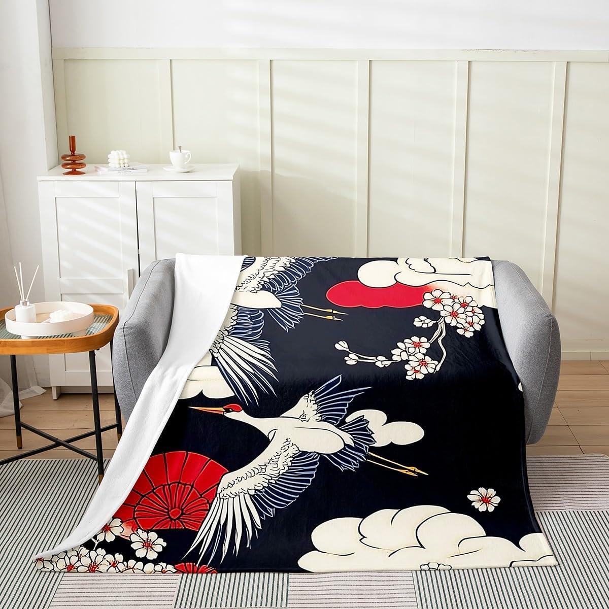 Feelyou Crane All Season,Bed Blanket for Sofa Couch Throw 50"x60" Cherry Blossoms Plush Throw Blanket, Ultra Soft Japanese-Style Flannel Fleece Blanket Exotic Room Decor Wave