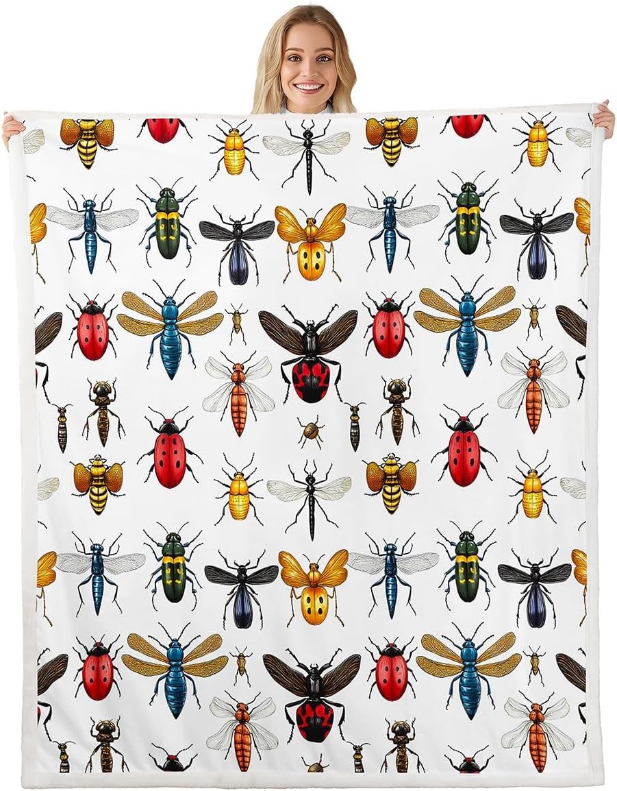 Feelyou Insects Fleece Throw Blanket Bee Butterfly Dragonfly Ladybug Sherpa Plush Blankets and Throws Entomological Flannel Fuzzy Blanket for Bed Sofa Couch 50"x60"