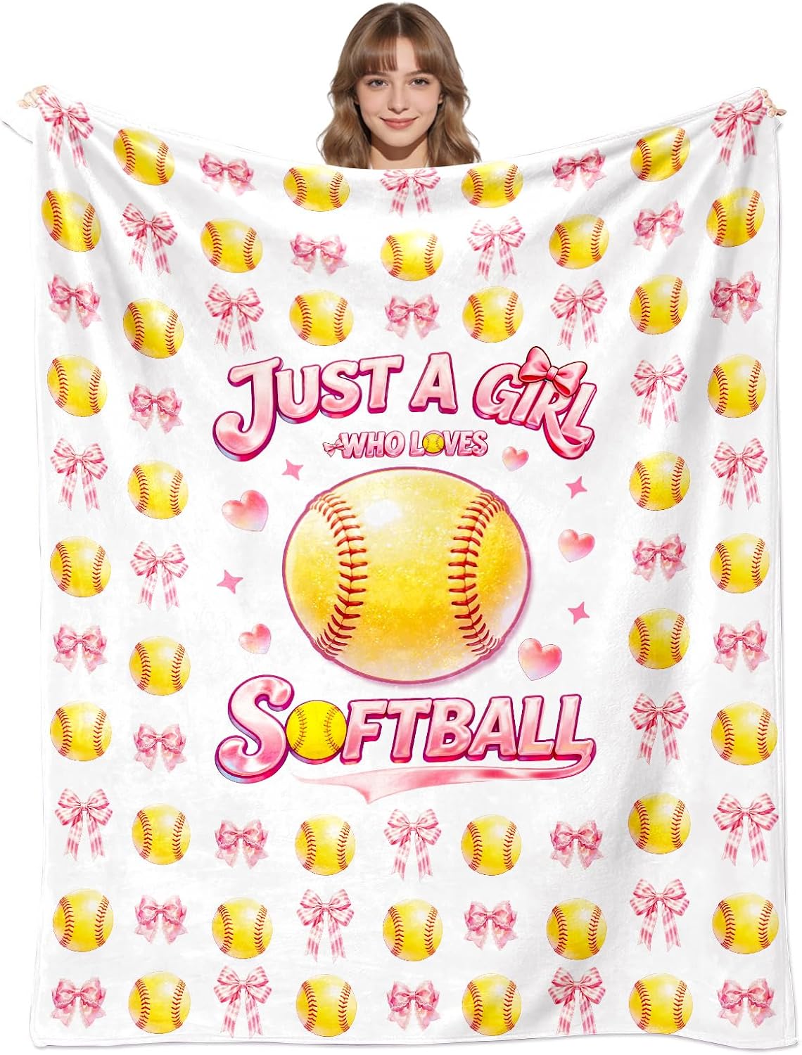 Softball Blanket Gifts for Girls Women Softball Lovers Plush Cozy Flannel Pink Bow Softballs Throw Blankets Softballs Team Stuff Gifts for Birthday Bed Decor Kids Teens Adults 50"x40"