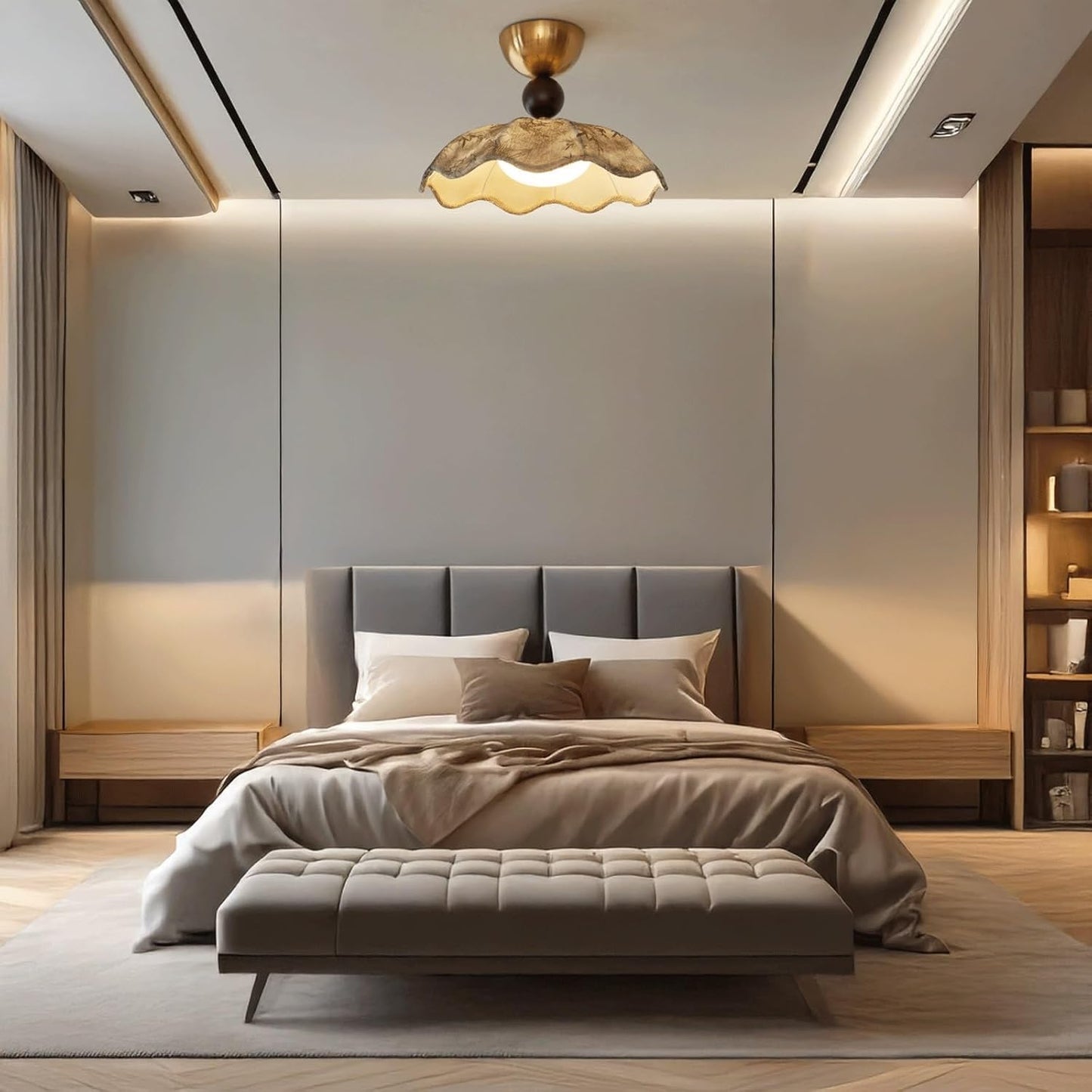 Ceiling Light Modern Metal Base Fabric Shade Flush Mount Ceiling Lamp LED Vintage Flush Mount Light for Bedroom Study Room Living Room Interior Home Decor Fixture Close to Ceiling Lighting