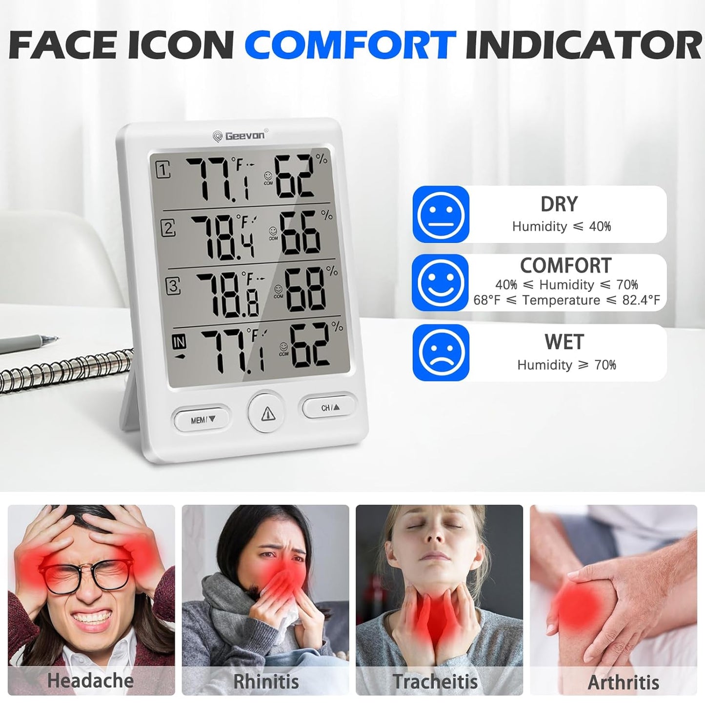 Geevon Indoor Outdoor Thermometer Wireless with 3 Remote Sensors, Temperature Humidity Monitor for Home with Comfort Indicator, Temp Alarm, Digital Hygrometer Thermometer Battery Powered