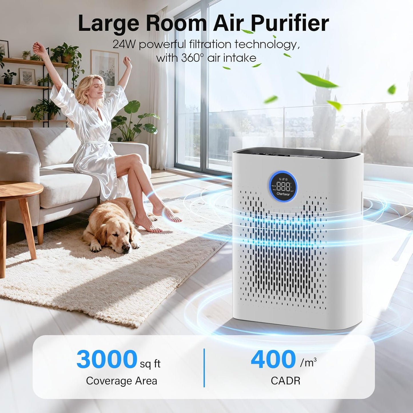 Air Purifiers for Home Pets Up to 3000Ft², HEPA Large Room Air Purifier with PM2.5 Air Quality Monitor, Sleep Mode, Air Purifiers for Bedroom Office for Allergies, Smoke, Dust, Pollen,8000B,White