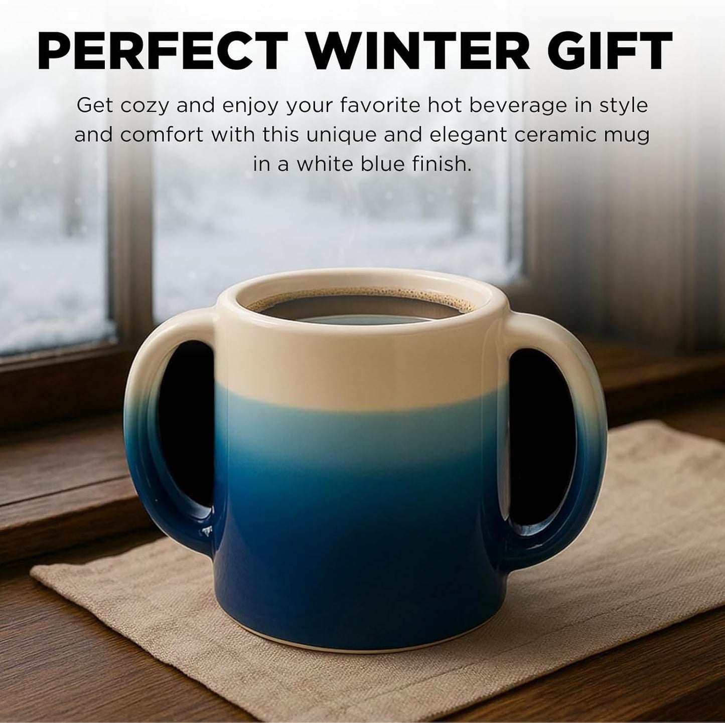 Double Hand Warmer Mug , Handmade Pottery - HandWarmer Contoured Pockets Both Hands will Hold Warmth From The Heat Of Your Drink To Keep Your Fingers Warm, Comfy Blue - Winter Stocking Stuffer Gift