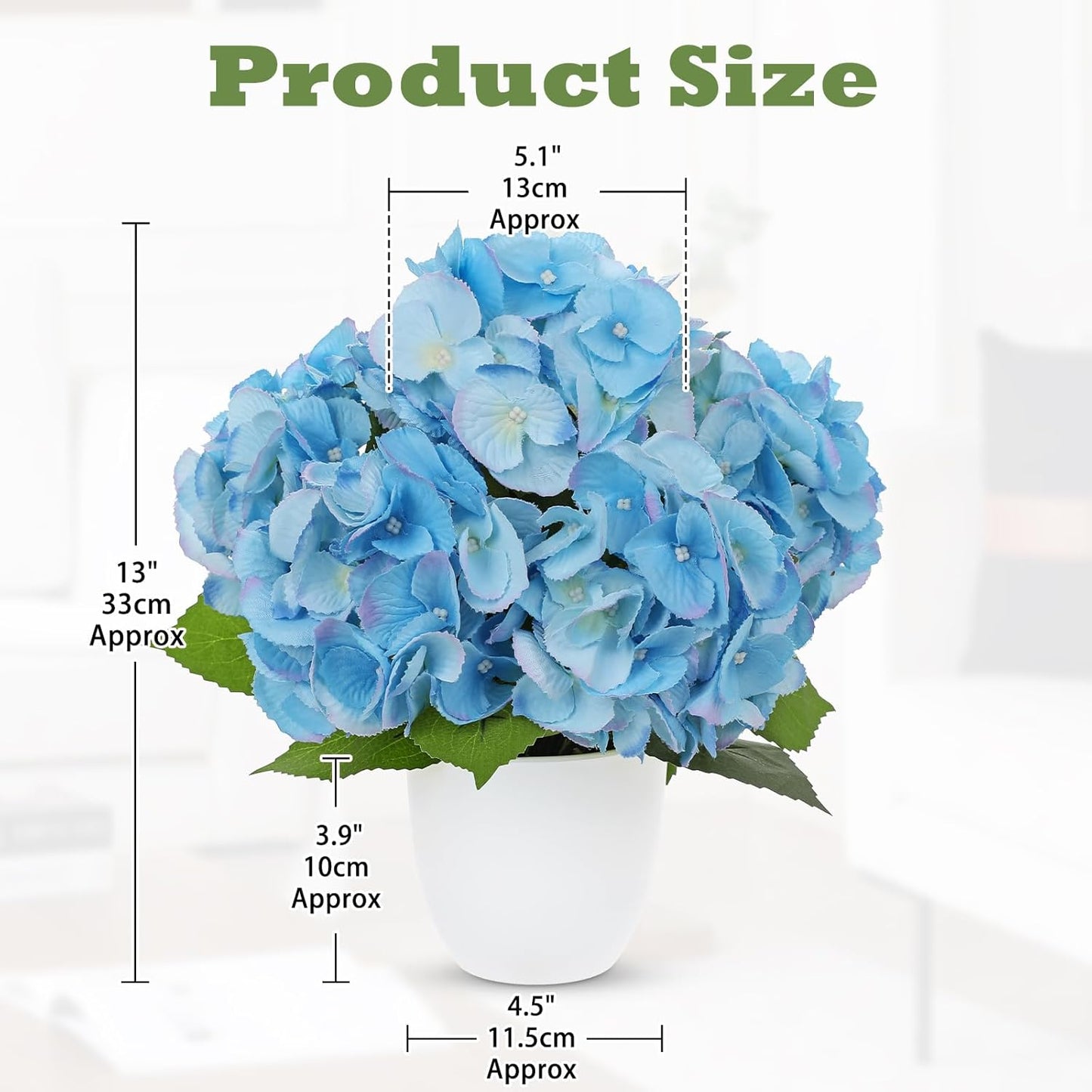 13" Artificial Hydrangea Flowers Plant in White Pot, Faux Hydrangeas Plants for Coastal Home Office Indoor Outdoor Decor, Realistic Floral Arrangement for Side Table, Porch & Entryway, Pale Blue