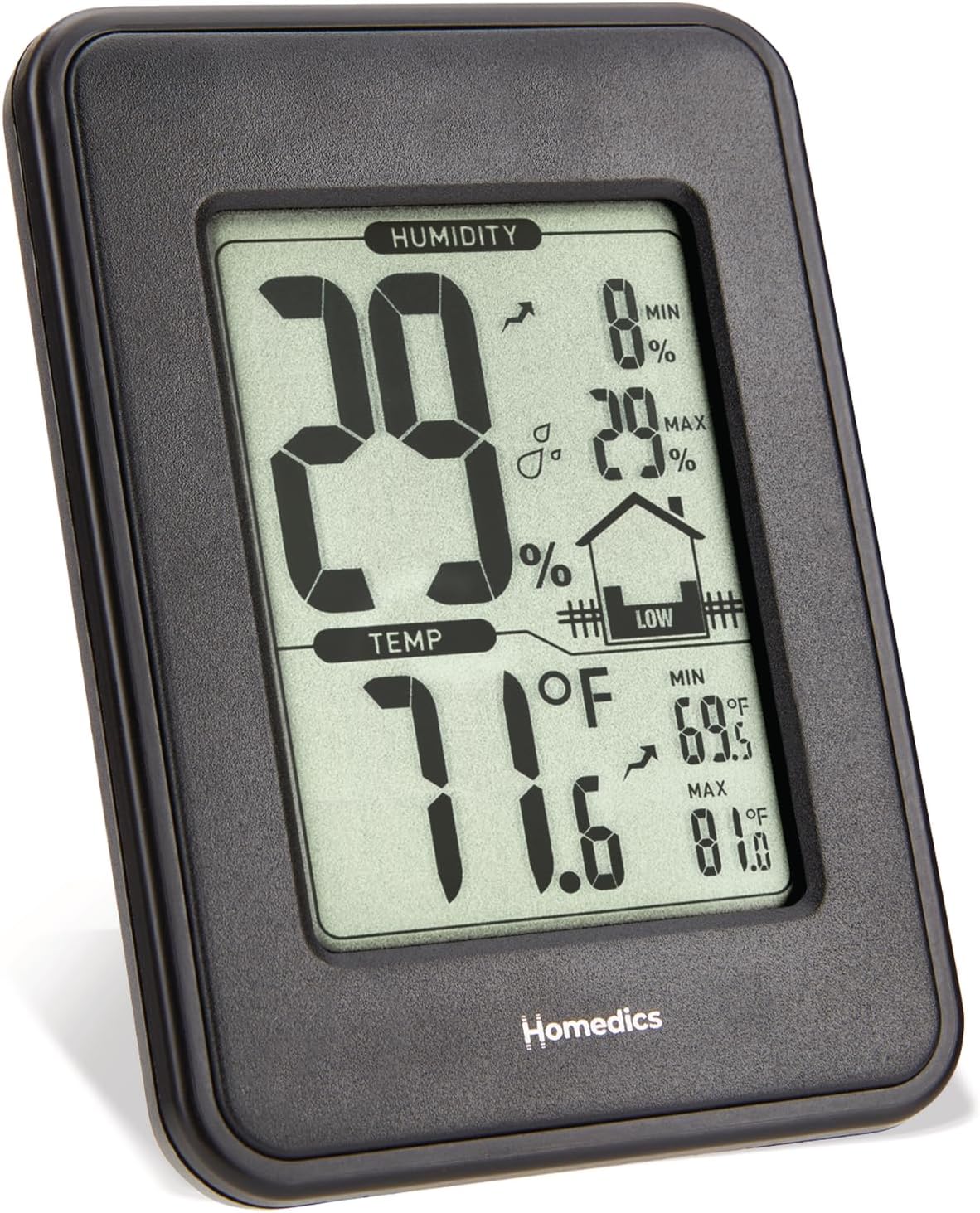 Homedics HM100 Indoor Humidity Monitor, Easy-Read Hygrometer to Monitor Indoor Air Comfort, Fahrenheit and Celsius, Battery-Operated Room Thermometer for Home