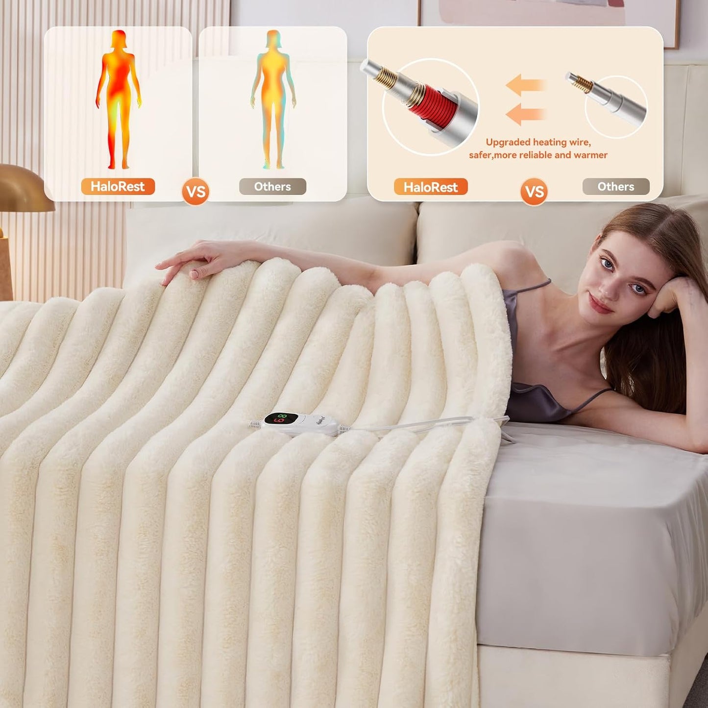 Heated Throw Blanket, Faux Fur Cozy Heating Blanket with Overheat Protection, 1/2/4/6/8 Hours Auto-Off 10 Heat Level, Machine Washable (50x60 Inches, Cream White)