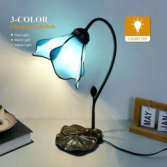 Tiffany Table Lamp Blue Lotus Stained Glass Lamp 8" Wide 14" Tall Bedside Table Light Desk Lamps Vintage Reading Lamp with Color Changing LED Bulb