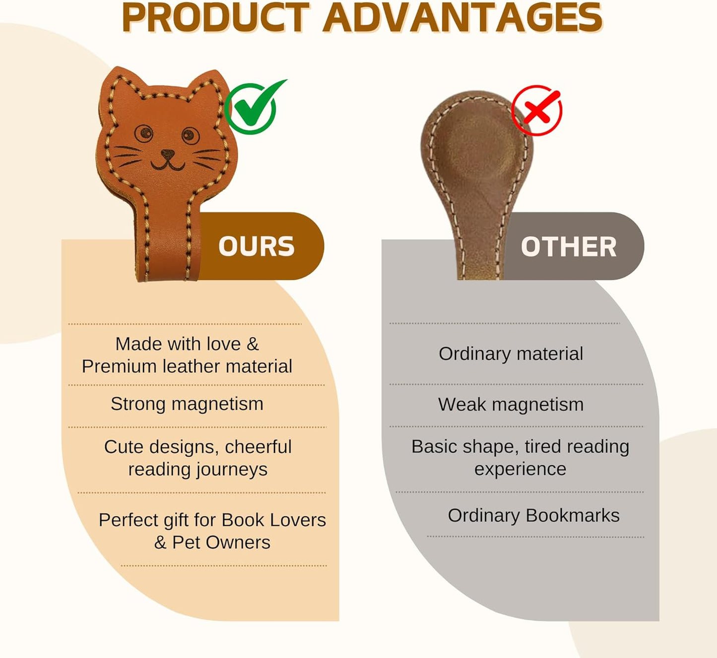 Magnetic Leather Bookmarks for Reading, Cute Cat Face Shape Magnet Bookmark Clips for Women, Men, Kids, Magnetic Book Marks, Gifts for Book Lovers Teachers Students (1 Pack, Brown)