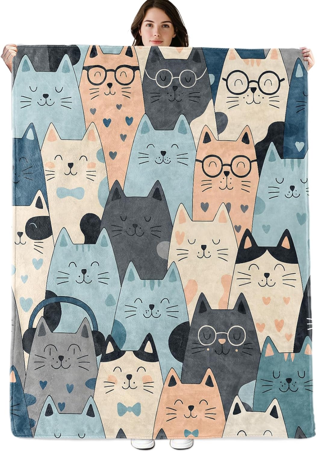 Cute Cats with Glasses and Hearts Blanket, 60"x50" Flannel Cozy Lightweight Cartoon Kitten Throw Blankets Gifts for Couch Bed Living Room Decor, Soft Blanket for Women Adults