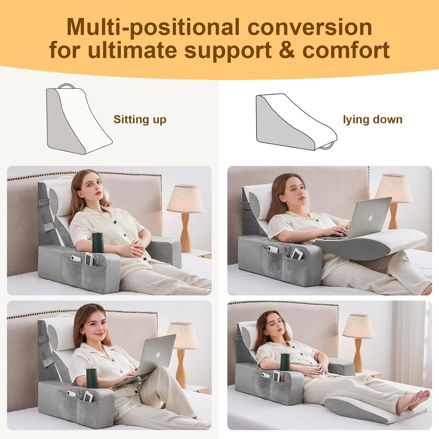 Reading Pillow for Sitting in Bed Adult, Back Pillow for Bed Sitting up with Arms, Pockets and Cup holder, Sit Up Backrest Pillows for Beds Chair Support, Rest Pillow for Gaming (Light gray, 5PCS)