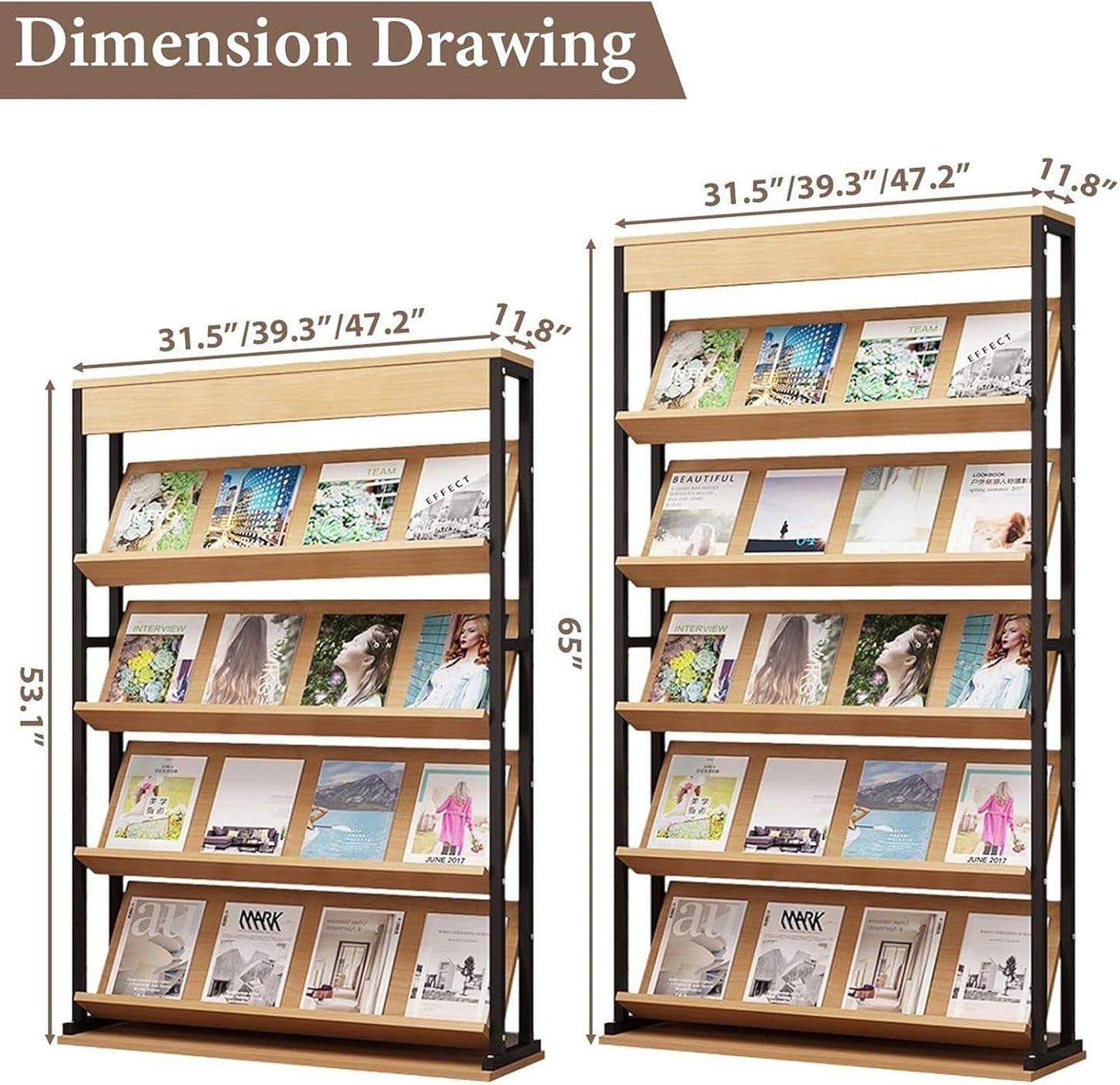 Industrial Magazine Rack,Floor-Standing Brochure Display Stand with Carbon Steel Frame, Wooden Literature Organizer for Office, Waiting Room, Retail Store(39.3"*11.8"*65", Natural Wood)