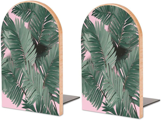 Green Palm Tree Leaves Pink Bookend for Shelves Wooden Book End Large Size Sturdy Book Holders Stoppers with Metal Base for Bookshelves Slick Decorative Bookends Stands