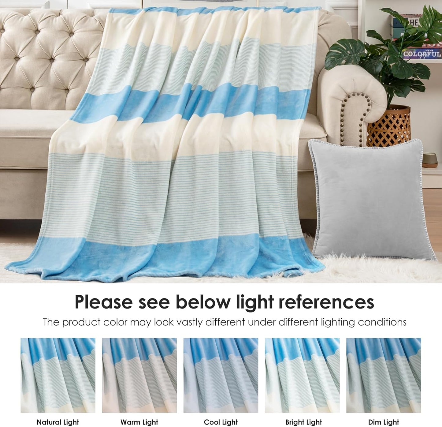 Homelike Moment Fleece Throw Blanket for Couch, Blue Soft Fluffy Blankets Throws, Fuzzy Cozy Plush Flannel Blanket for Sofa, Comfy Warm Lightweight Bed Blanket Striped (Light Blue, 50x60IN)