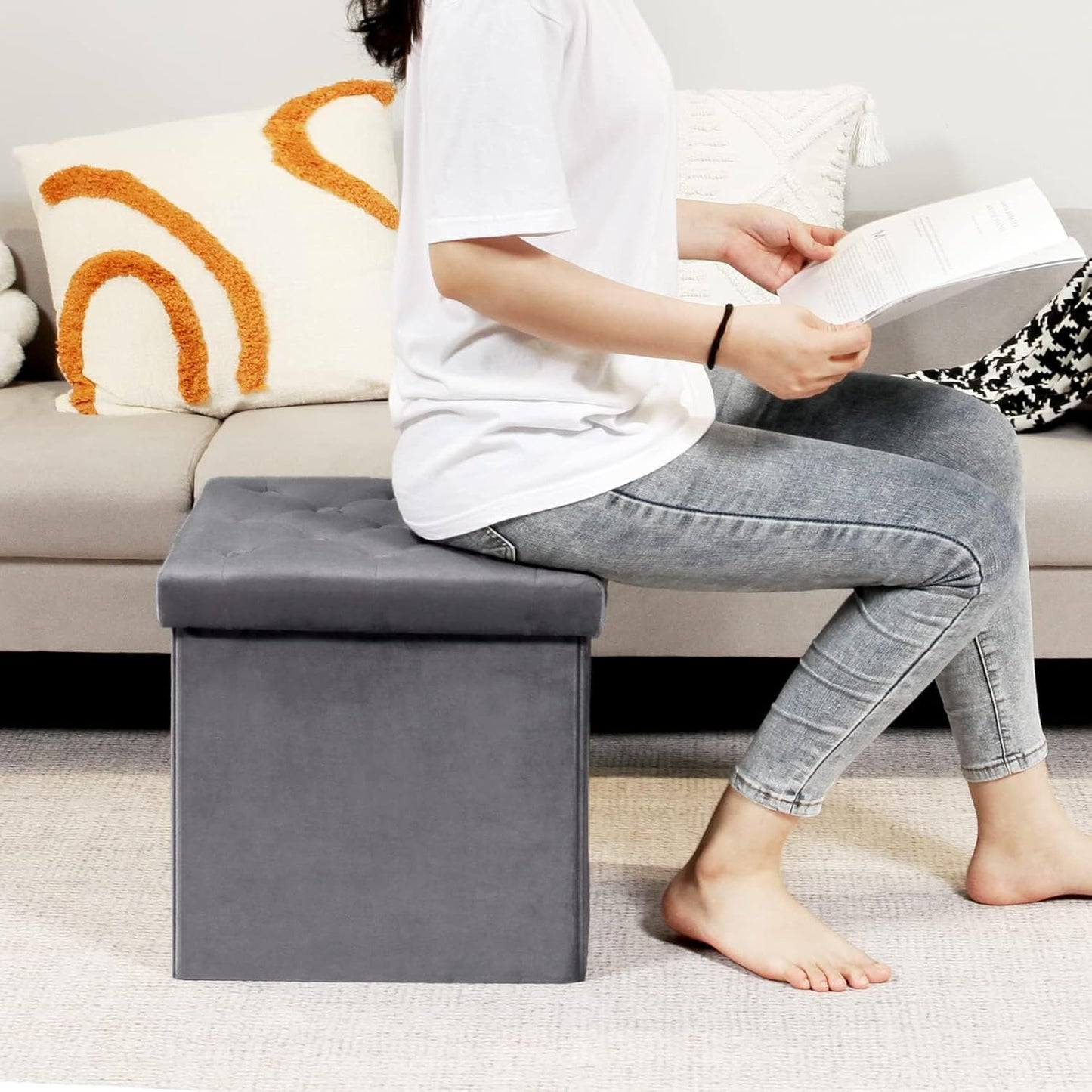 B FSOBEIIALEO Storage Ottoman Cube, Velvet Tufted Folding Ottomans with Lid, Footstool Rest Padded Seat for Bedroom (Grey, Medium)