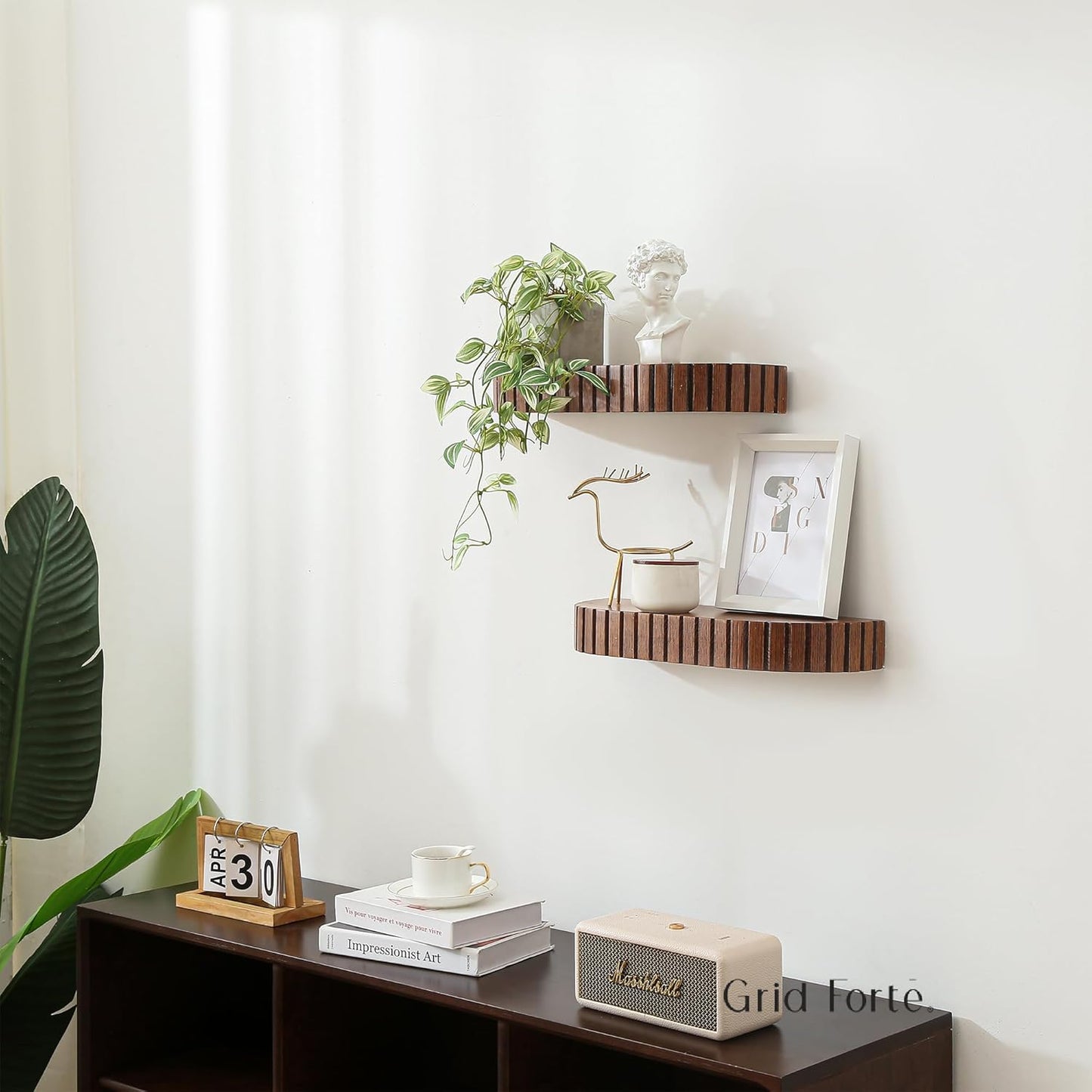 Wood Rounded Fluted Floating Shelf Set of 2, 16Wx5.5D Inch– Modern Display Shelf with Decorative Edge, Rustic Hanging Storage for Plants, Books, Photos & Home Décor