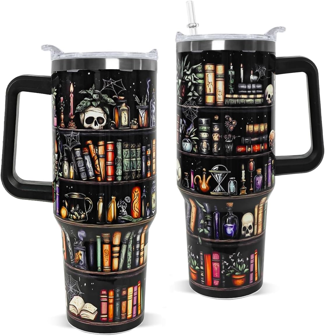 Book Lovers Gifts 40oz Book Lover Tumbler Halloween Goth Skull Bookshelf Coffee Travel Mugs Christmas Insulated Cup Gifts for Women Readers,Reading,Bookish,Librarian