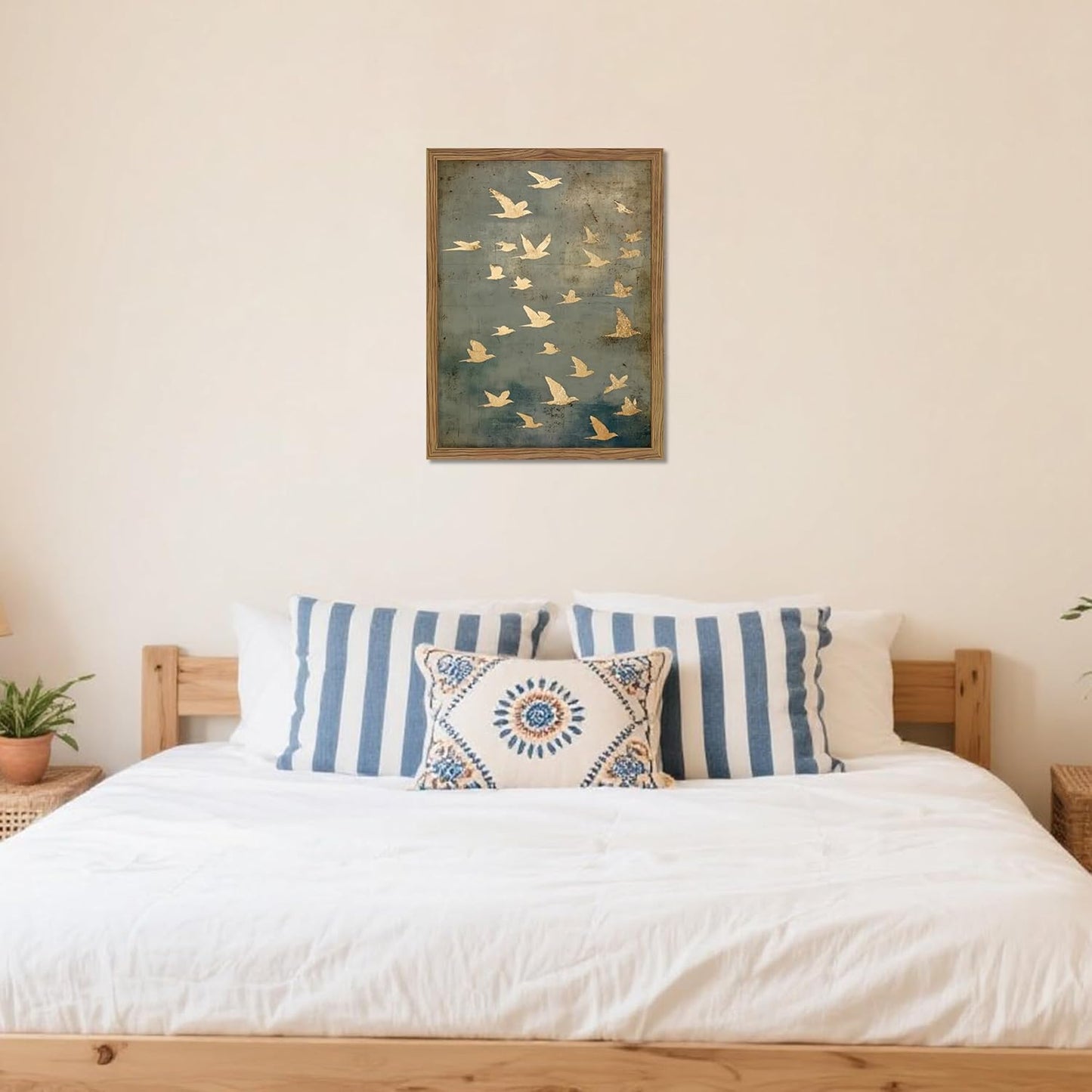 Framed Flock of Birds Canvas Wall Art, Vintage Minimalist Abstract Landscape Painting, Neutral Gold Birds Spiritual Wall Decor, Modern Aesthetic Pictures for Bedroom Living Room 8x10 inch