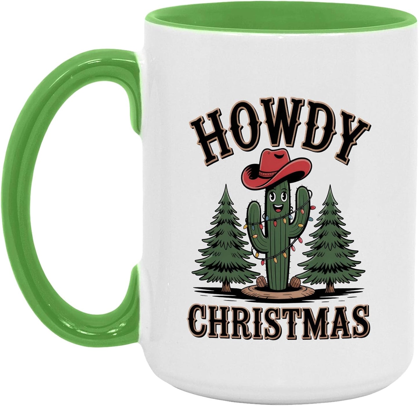 Rustic Howdy Christmas Western Cactus Two-Tone Accent Mugs, 11oz 15oz Drinking Cups, Kitchen Décor, Gifts For Book Lovers