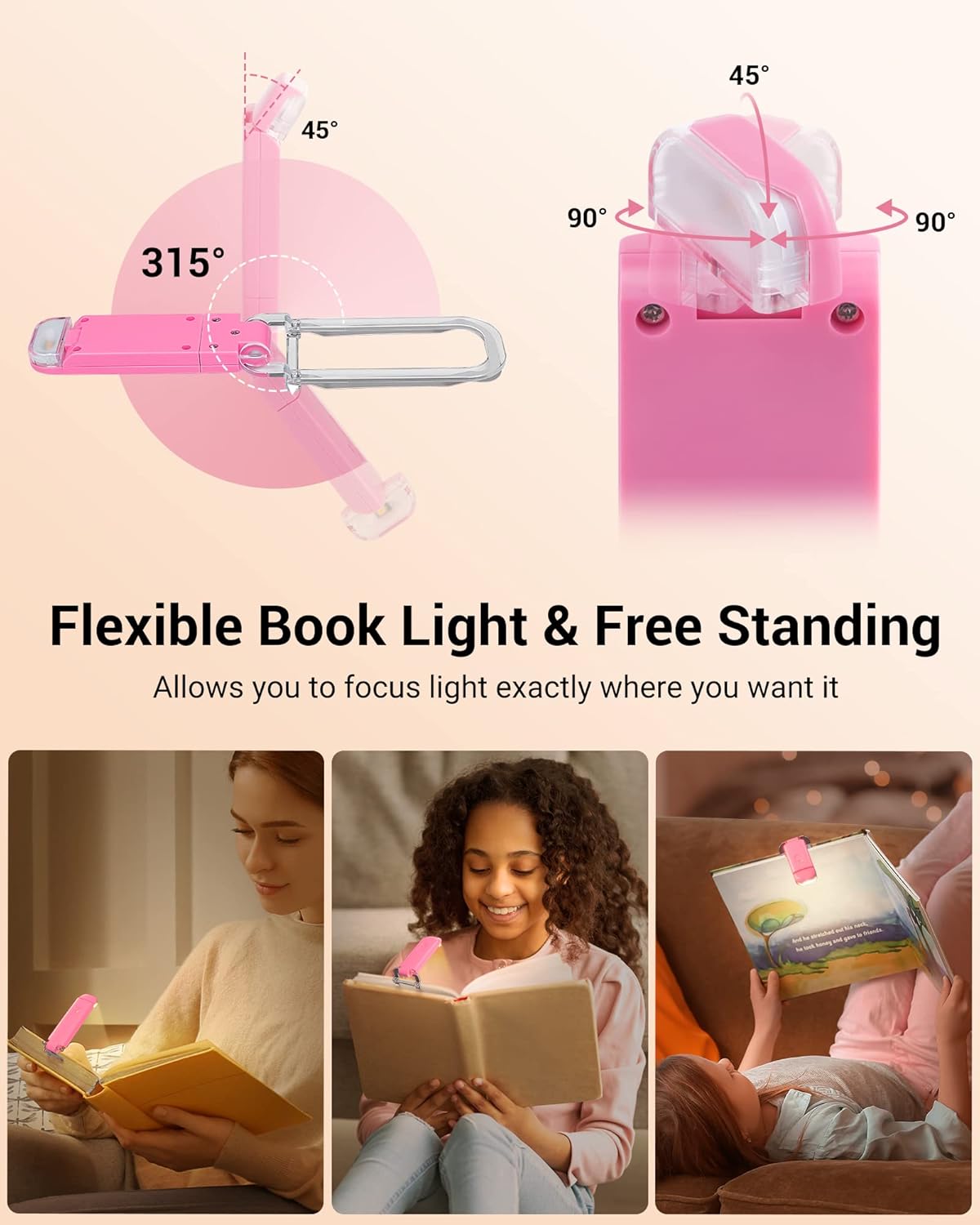 DEWENWILS Book Reading Light, USB Rechargeable Booklight for Reading in Bed, LED Clip On Book Lights for Kids, Bookworms, Blue Light Blocking, 4 Brightness Adjustable for Eye Care (Pink)