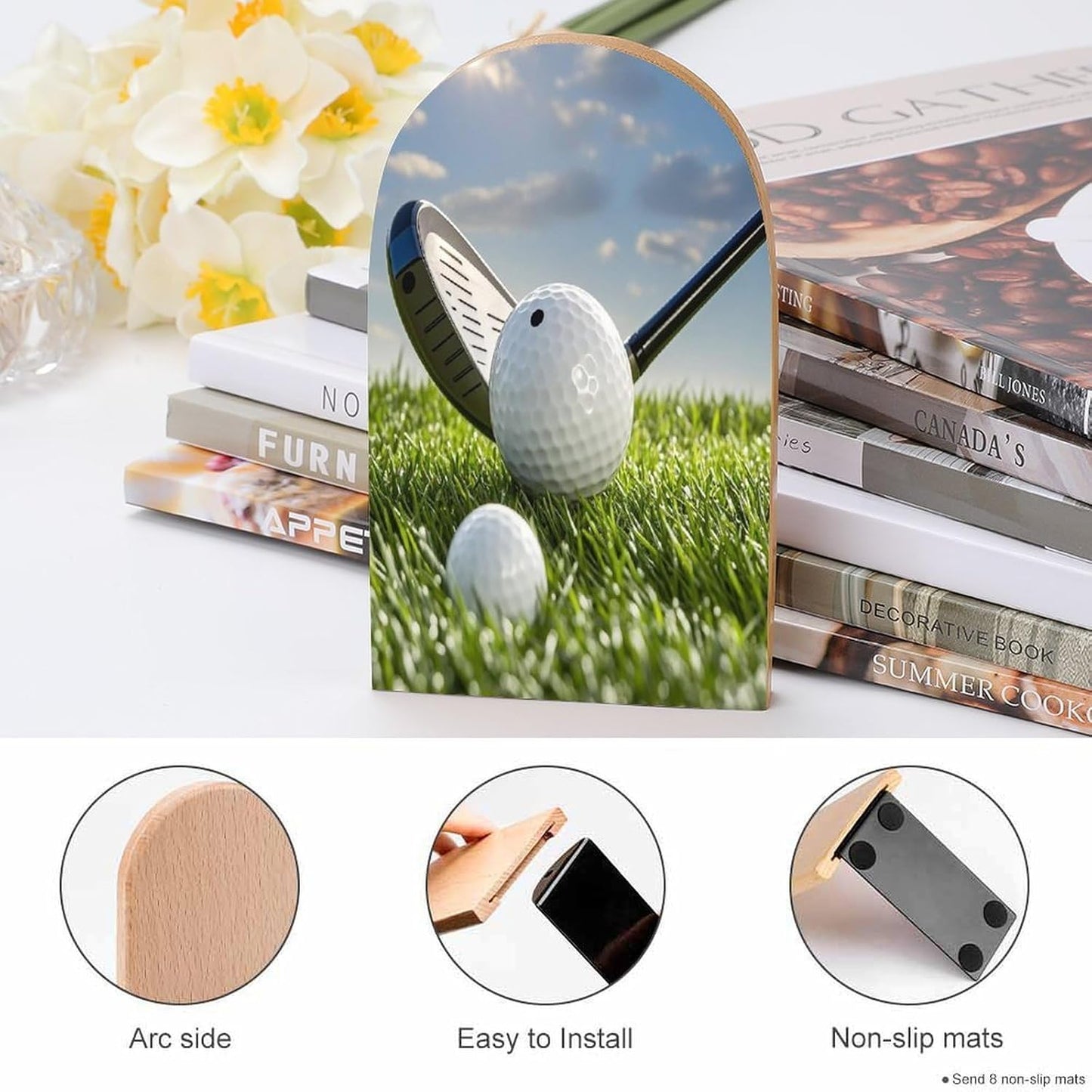 Golf Ball Bookends 1 Pair Heavy Duty Book Ends for Shelves Non-Skid Bookend Supports Wooden Book Holders with Metal Base Desk Organizers Books Storage to Hold Books