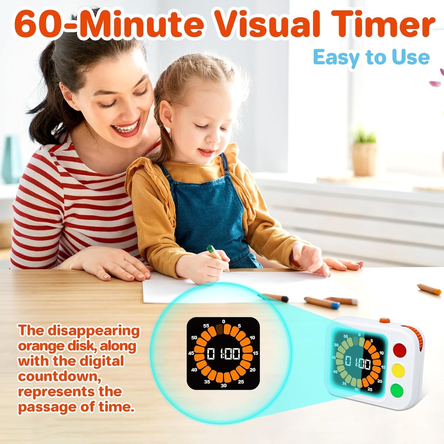 PHILORN Digital Visual Timer for Kids, with Coloured Progress bar, 60-Minute Countdown and Adjustable Volume and Brightness for Calm Transitions, Classroom & Home Kitchen Cooking Baking