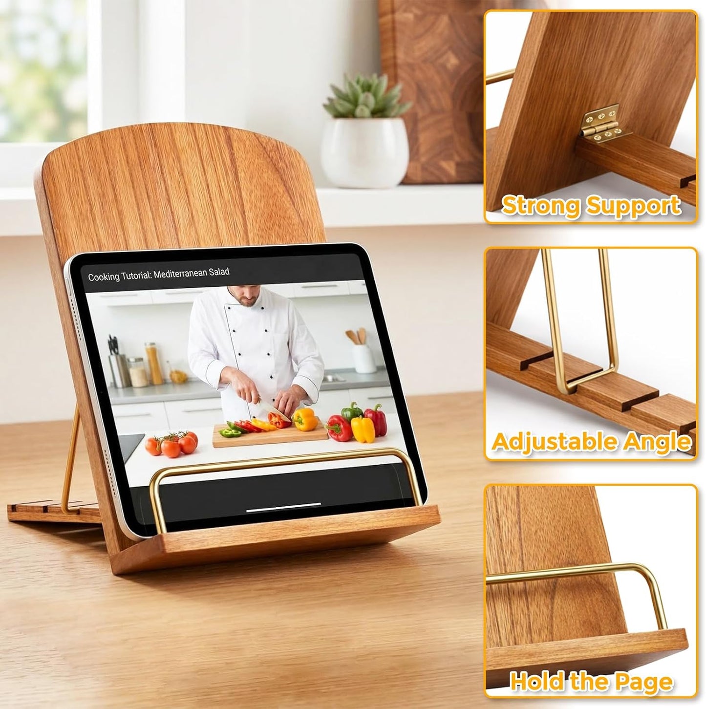 Cookbook Stand for Kitchen Counter, Wooden Recipe Book Holder for Reading Hands Free, Adjustable Cook Book Stand Wedding Retirement Gift for Woman Valentines Day Birthday Home Shelf Decor