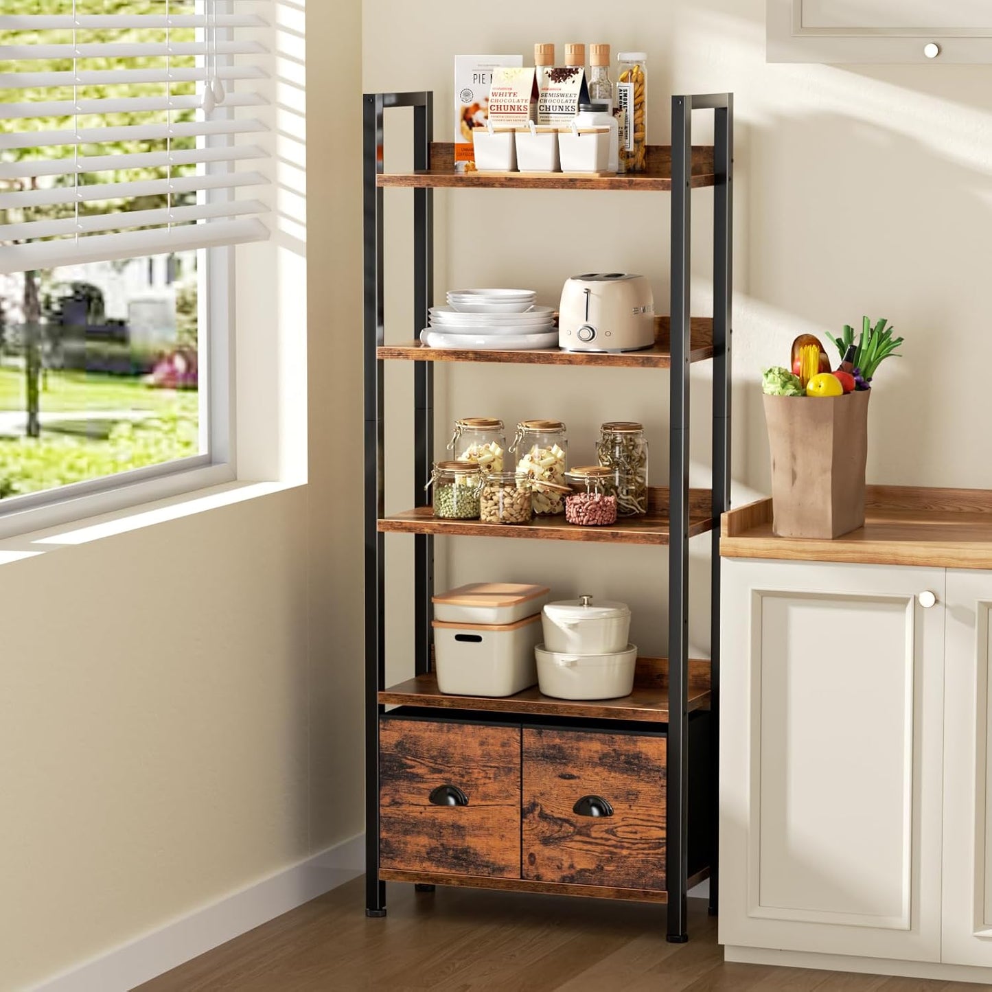 Furologee 5-Tier Bookshelf, Tall Bookcase with 2 Storage Drawers, Industrial Standing Storage Shelf, Wood Metal Display Rack for Living Room Bedroom Home Office, Rustic Brown