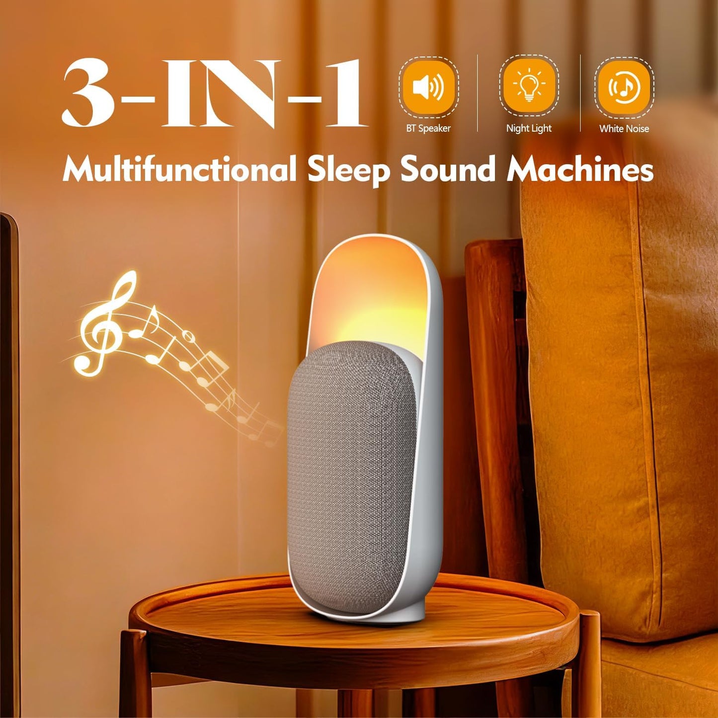 Sound Machine with Night Light&BT Speaker White Noise Machine,6 Soothing Sounds,Compact and Easy to Place on a nightstand or Desk,Convenient Timer Options,for Baby Kids Adult & Home Office Travel