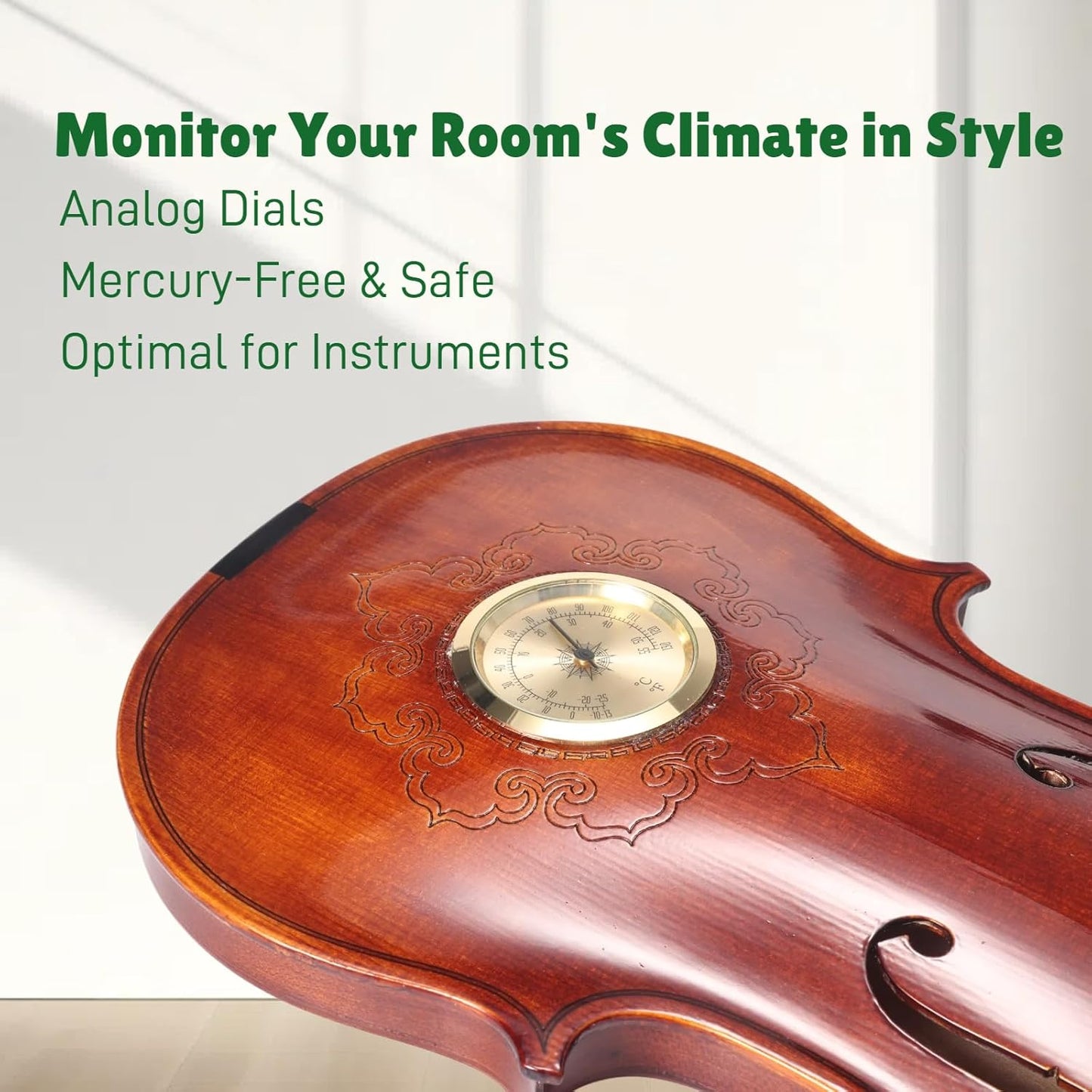 Handcrafted Solid Wood Violin Wall Clock with Thermometer & Hygrometer | Unique Musical Gift for Musicians, Mercury-Free Indoor Temperature Gauge, Analog Quartz Timepiece (Thermometer Clock)