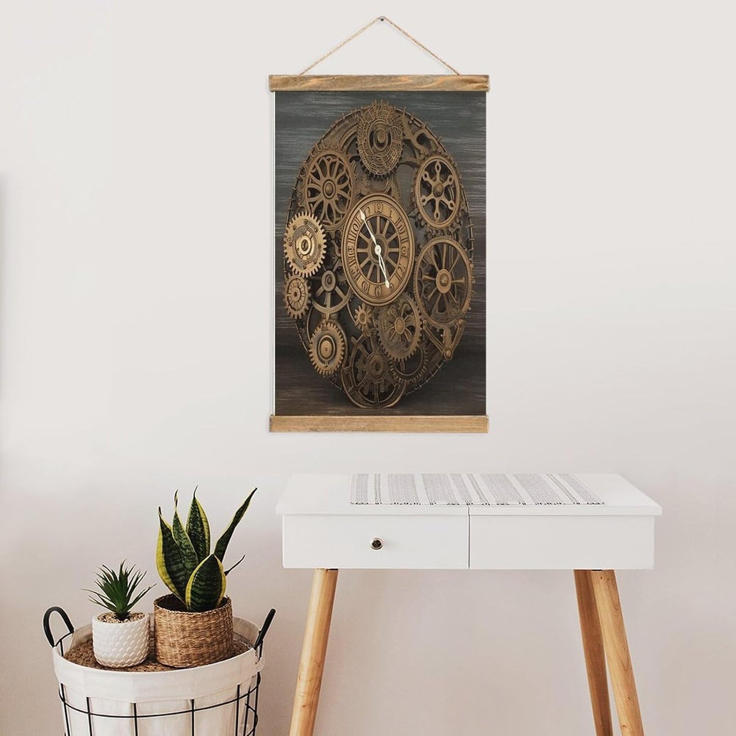 Vintage Steampunk Gears Clock Poster with Wooden Frame Personalized Linen Hanging Scroll Painting Rustic Wall Hanging Illustrative Modern Artwork Decor for Home Living Room Bedroom Office