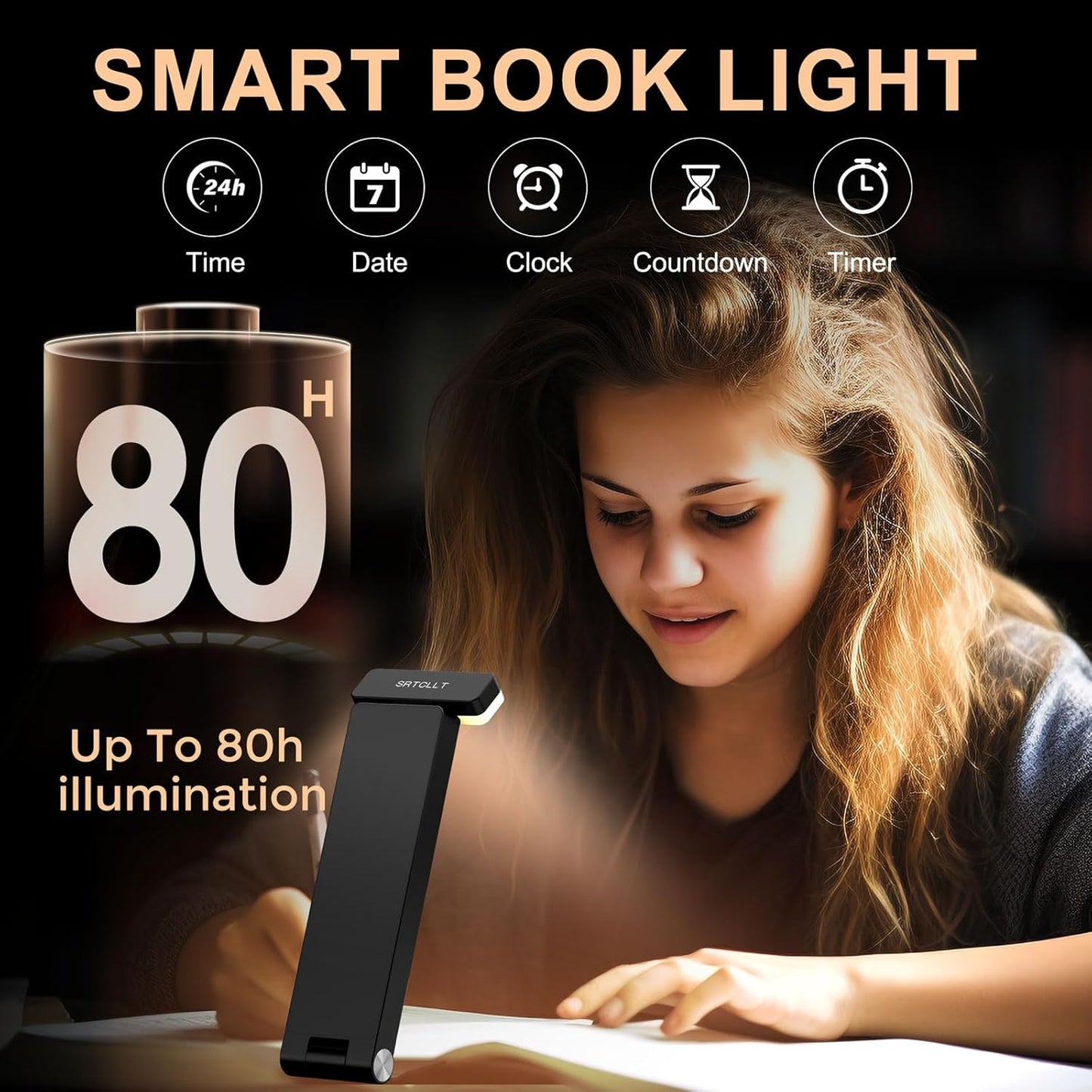 Book Lights, Rechargeable Reading Light in Bed, Smart Adjustable Reading Lights, Portable Bookmark Night Lamp, Built-in Battery & LCD Display, with Timer, Clock, Alarm, Date