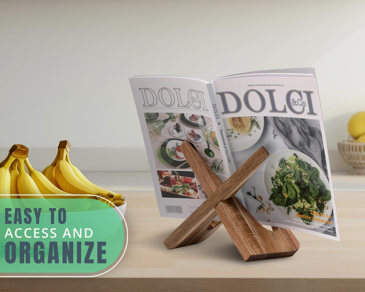 Comfify Acacia Wood Cookbook Stand – Rustic Recipe Book Holder for Countertop – Vintage Brown