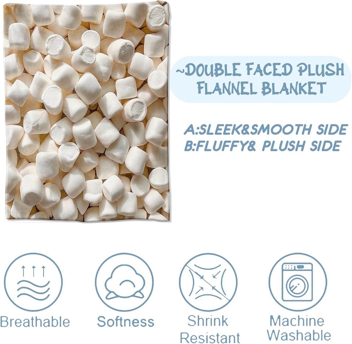 Marshmallow Blanket,Gifts for Sweet Lovers,Lightweight Flannel Throw Blankets,Realistic White Dessert Throws Home Decor,for Couch Living Room Office,60x50inch