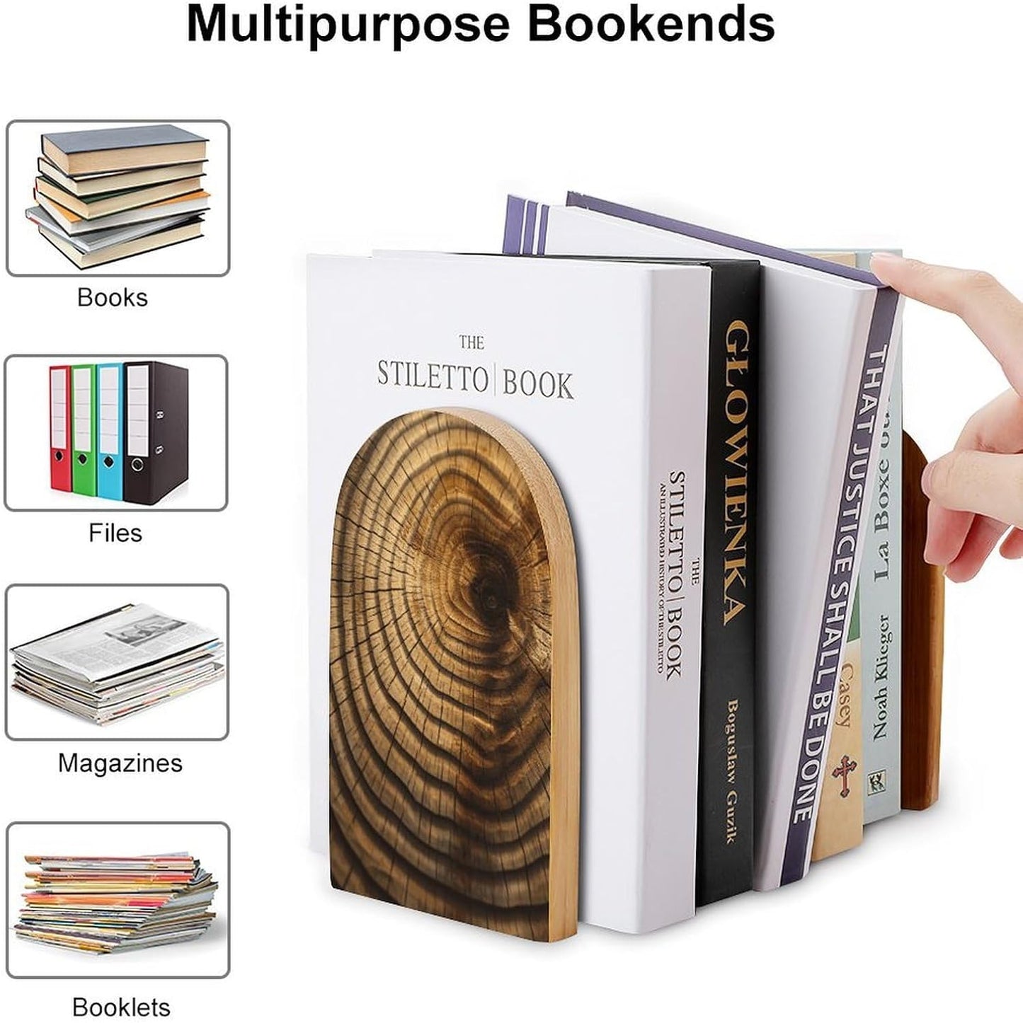 Tree Rings Wooden Bookend Non-Slip Book Ends Heavy Duty Book Stopper with Metal Base Books Holderd Decorative Bookends Stands Firmly for Office Supplies