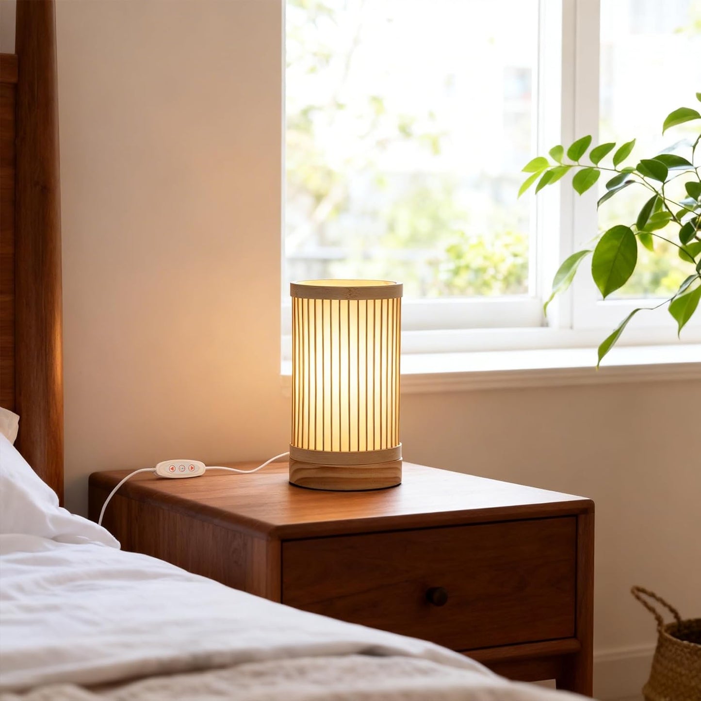 Bamboo Table Lamp, Small Boho Rattan Lamp Decorative with Dimmable Light, Woven Bedside Lamp for Bedroom, Cozy Nightstand Desk Lamps for Cafe/Entryway/Tabletop/Shelf Decor