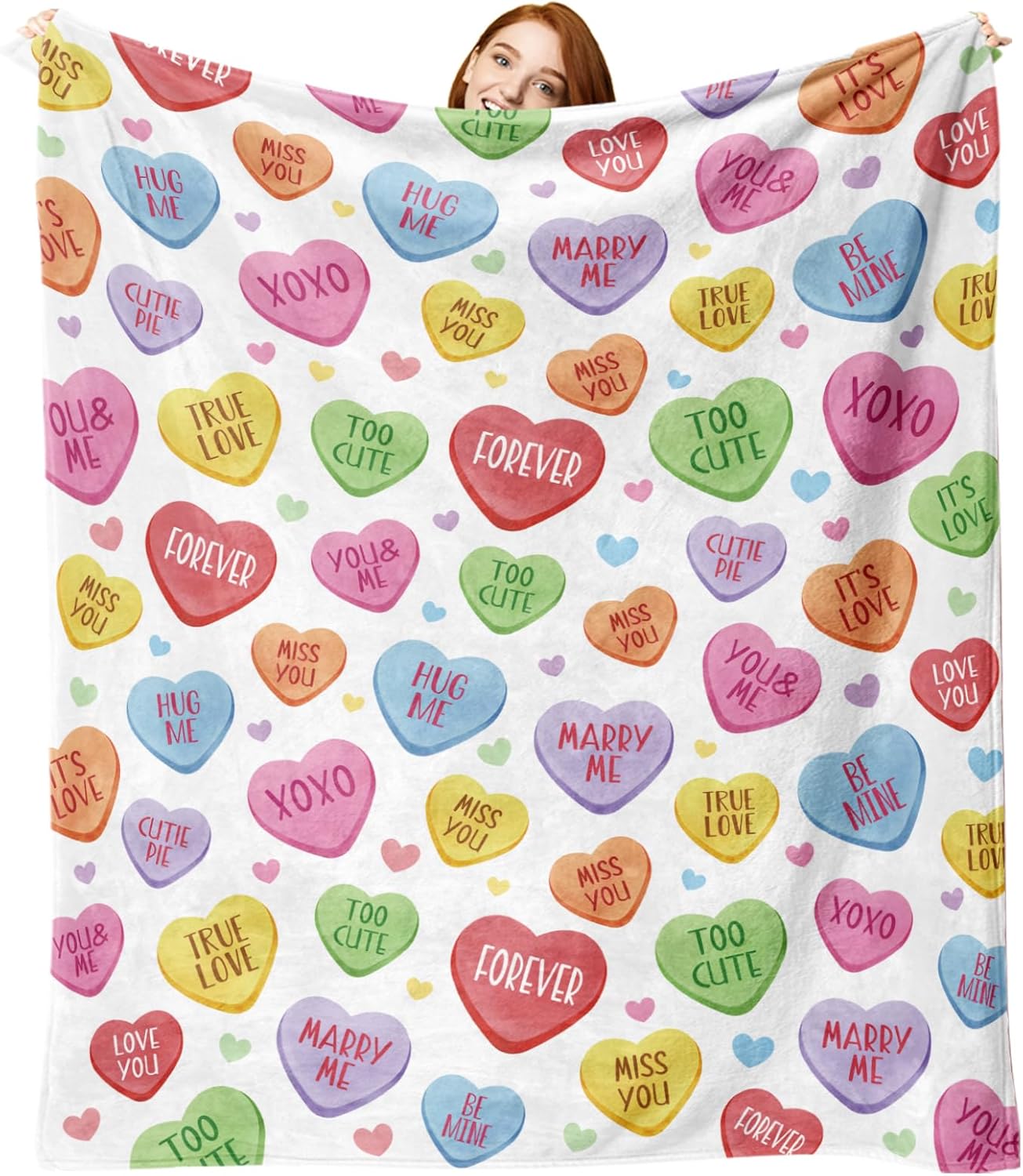 Valentines Day Flannel Throw Blanket, Colorful Love Hearts Anniversary Birthday Gifts for Women Kids Lover Couples, Cute Romantic Words Soft Blankets for Classroom School Bedding Sofa 50" x 60"