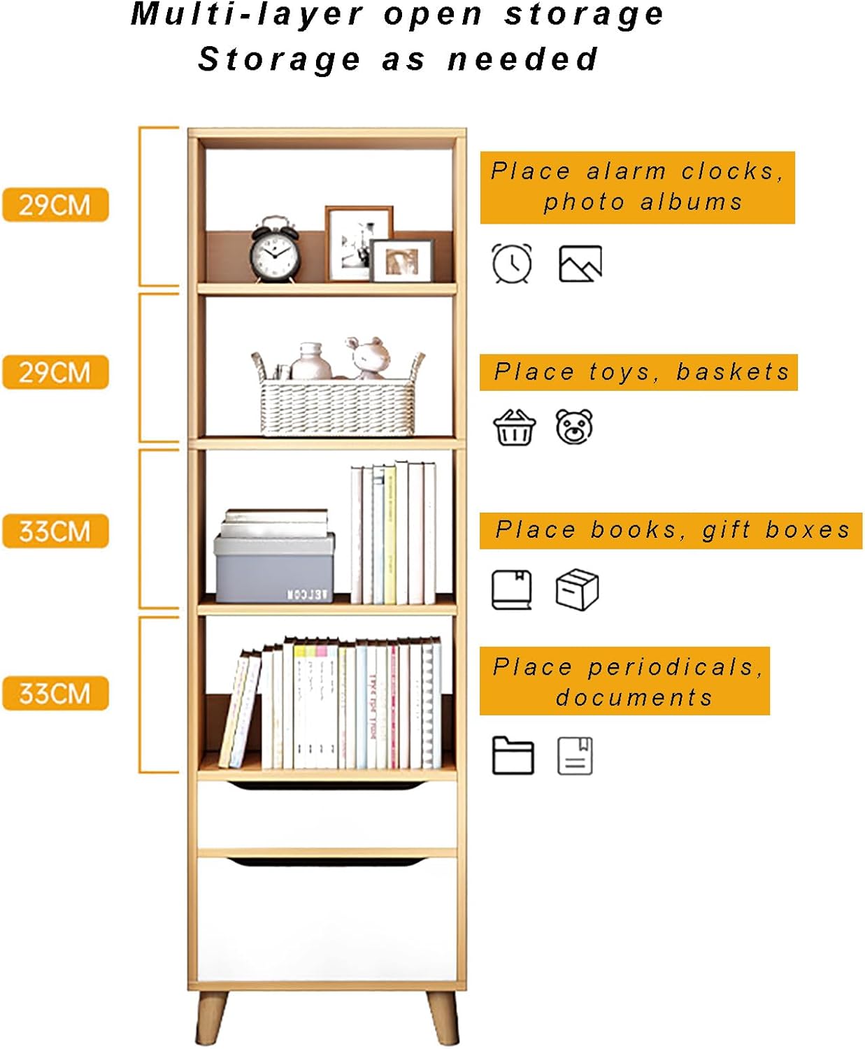 71" Tall Wood Bedside Table, Free Standing Open Shelf Bookcase with Drawers, 4 Tier Bookshelf Narrow Nightstand with Storage Shelves for Bedroom,living Room,Offices(40x24x180cm(16x9x71"), White)