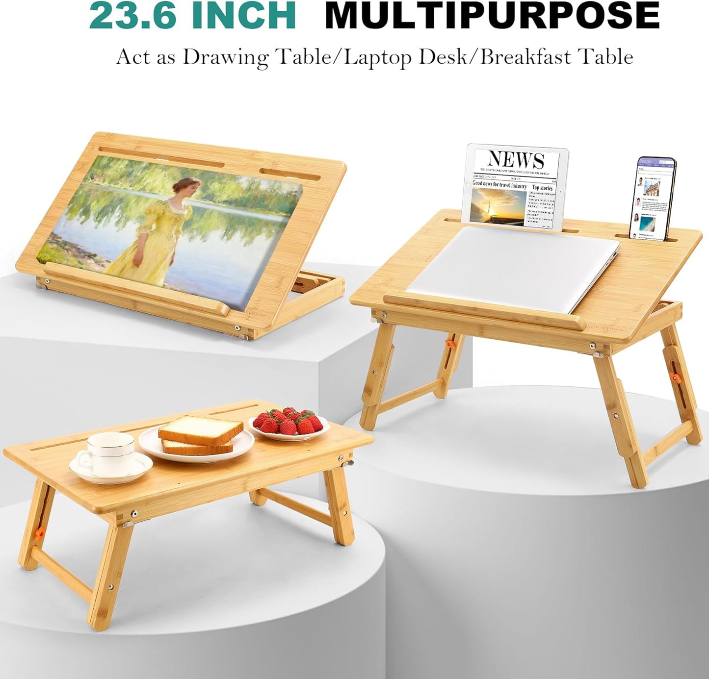 Nnewvante Drafting Table Bamboo Tabletop Easel Foldable Drawing Desk with Adjustable Height & Angle Drawing Board with Tablet and Phone Slots for Painting, Reading, Writing