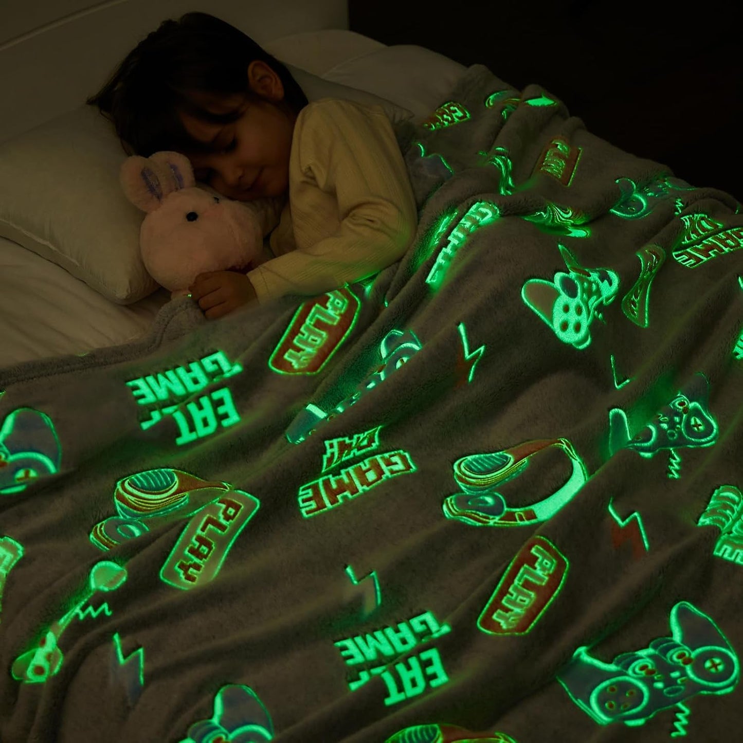 inhand Glow in The Dark Blanket Gaming Gifts for Boys Controller Kids Throw Gamer Blanket Gamer Toys for Kids Boys Presents Birthday Easter Halloween Grey 30"x40"