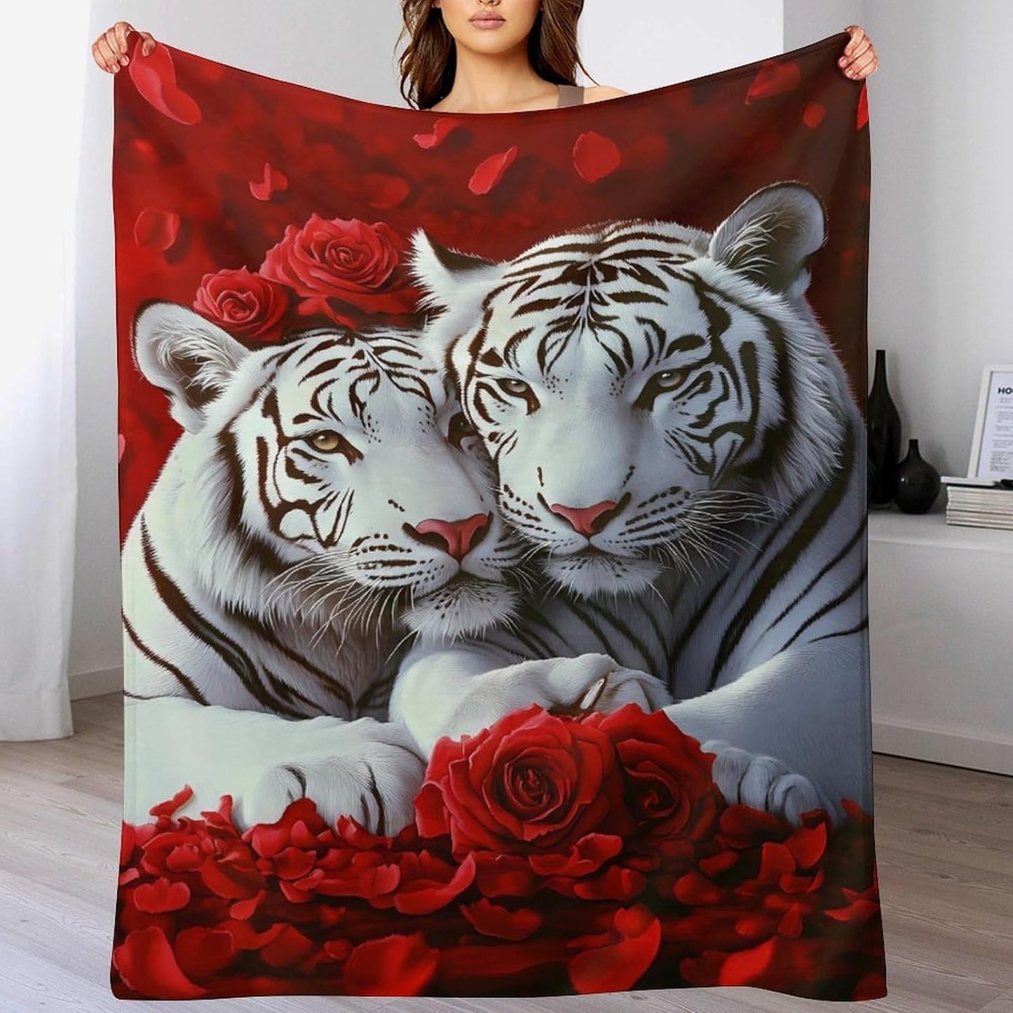 Tiger Red Rose Throw Blanket for Couch Bed Plush Cozy Fuzzy Flannel Blanket for All Season 40"x50"