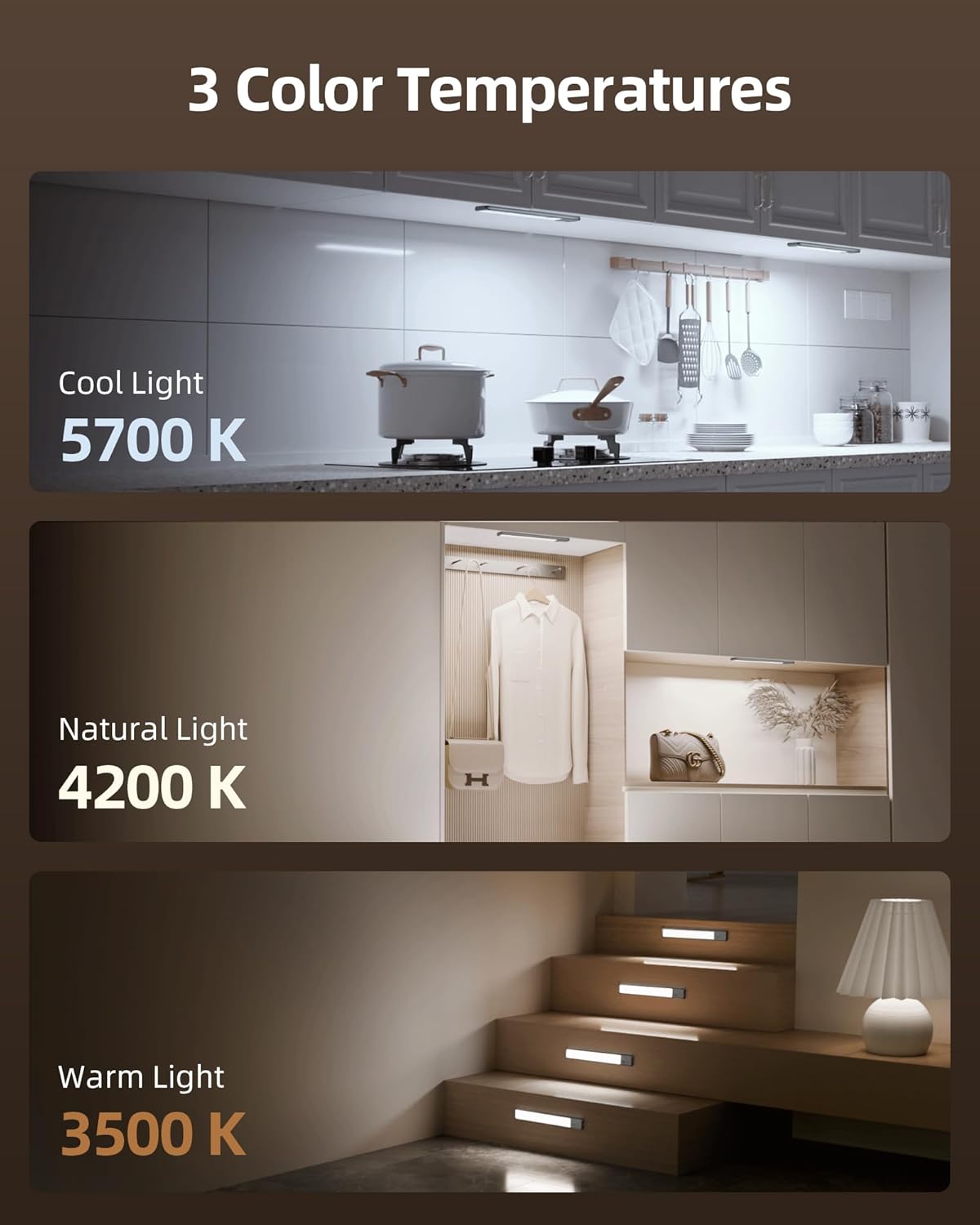 EZVALO Under Cabinet Lighting, 98 LED Rechargeable Motion Sensor Light Indoor, Magnetic Dimmable Closet Lights with 3 Color Temps, Wireless Under Counter Lights for Kitchen, Stairs(Grey, 2 Pack)