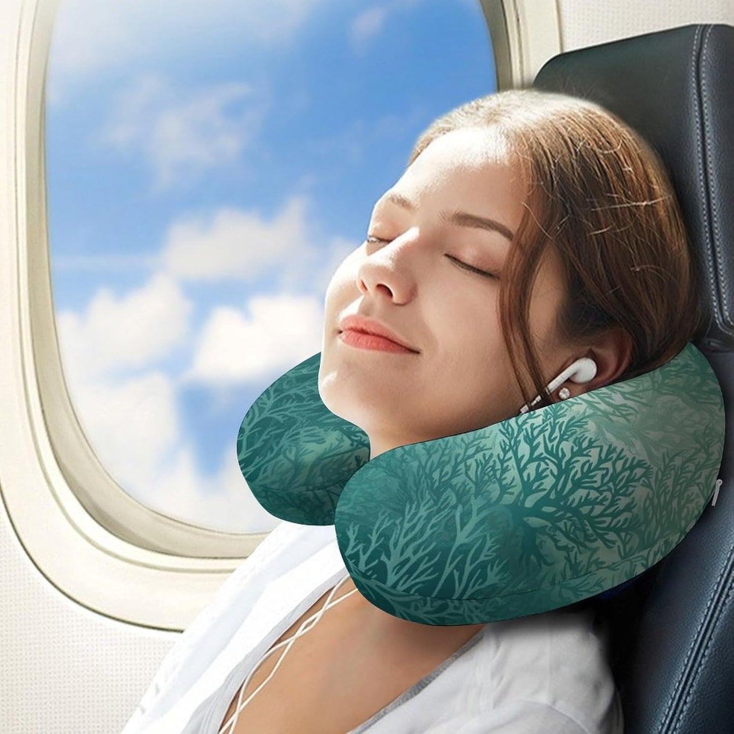Green Sea Blue Seaweed Neck Pillow Memory Foam U Shaped Pillows Portable Pillows for Shoulder Travel Head Support Pillow with Concealed Zipper for Airplane Car Home Office
