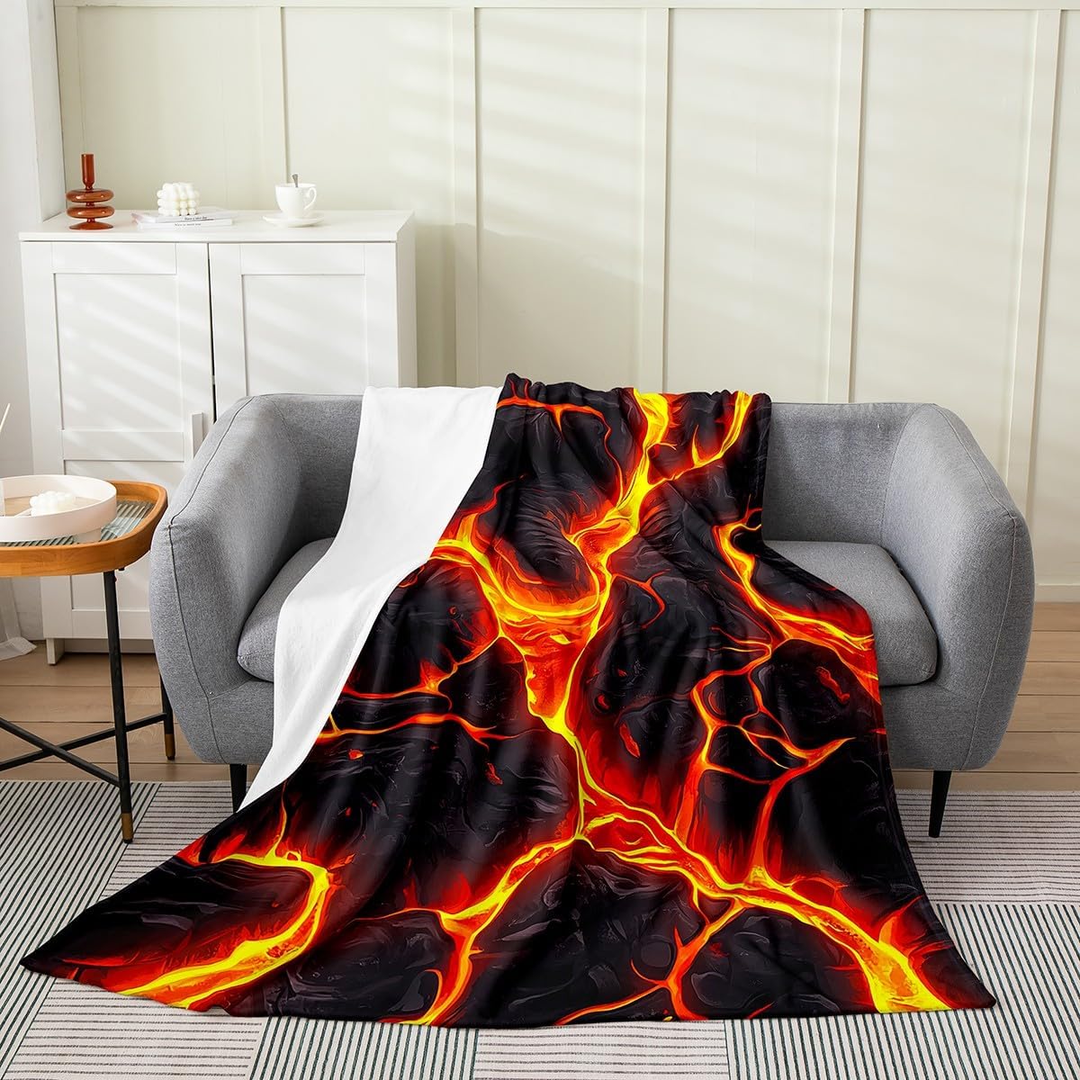 Erosebridal Volcanic Rocks Blanket Twin 60x80, Rock Fire Pattern Soft Throw Blanket, Gradient Ripple Printed Kids Girls Fleece Blanket for Sofa Bed, Black Orange Volcano All Seasons Fuzzy Blanket