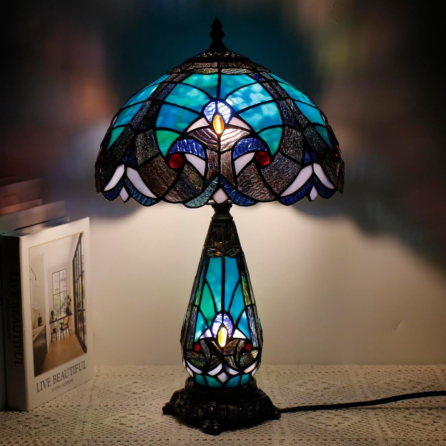 Tiffany Lamp Stained Glass Table Lamp 12X19 Inches Mother Daughter Vase Desk Accent Night Light for Bedroom Bedside Reading Home Antique Style (Green Liaison)