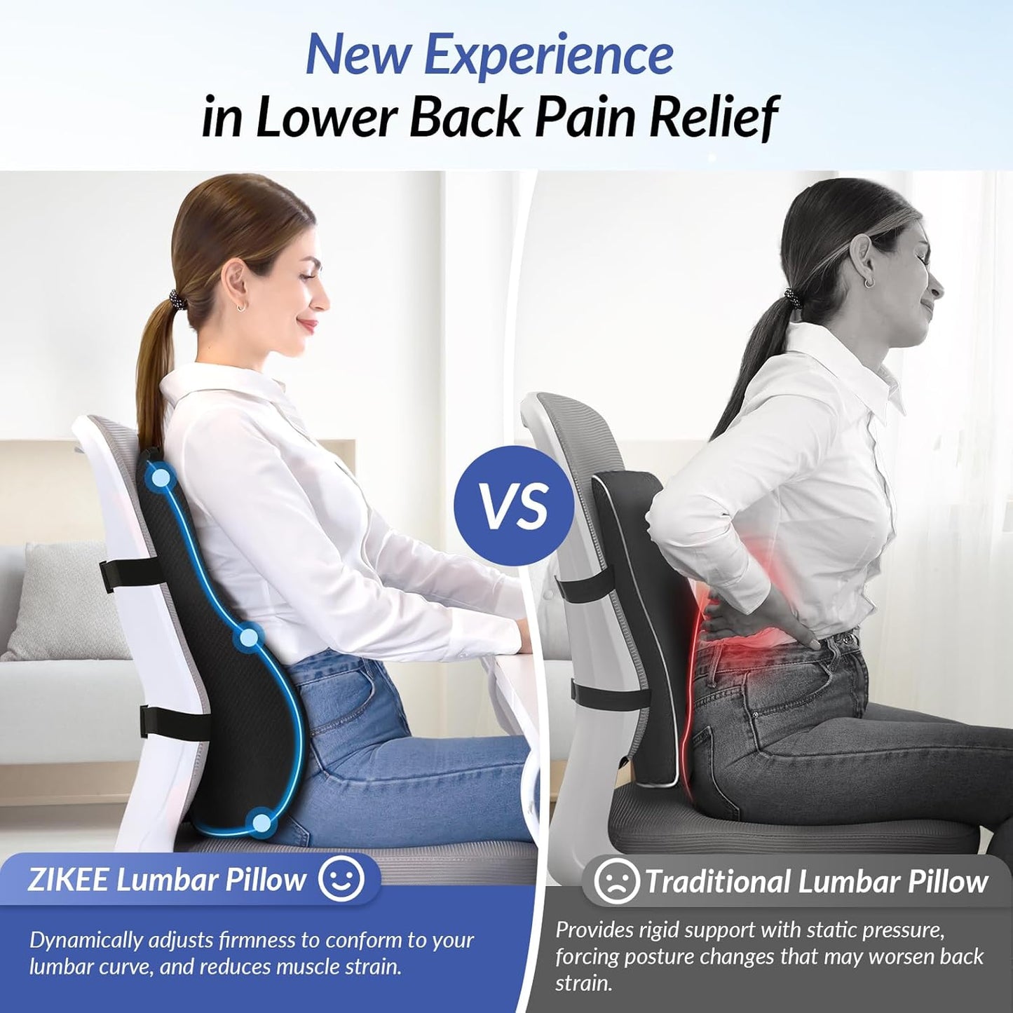 ZIKEE Adjustable Airbag Lumbar Support Pillow Provides Comfortable Support Back Pain Relief and Improves Posture, Ergonomic Memory Foam Back Support Pillow for Office Chair, Car, Home