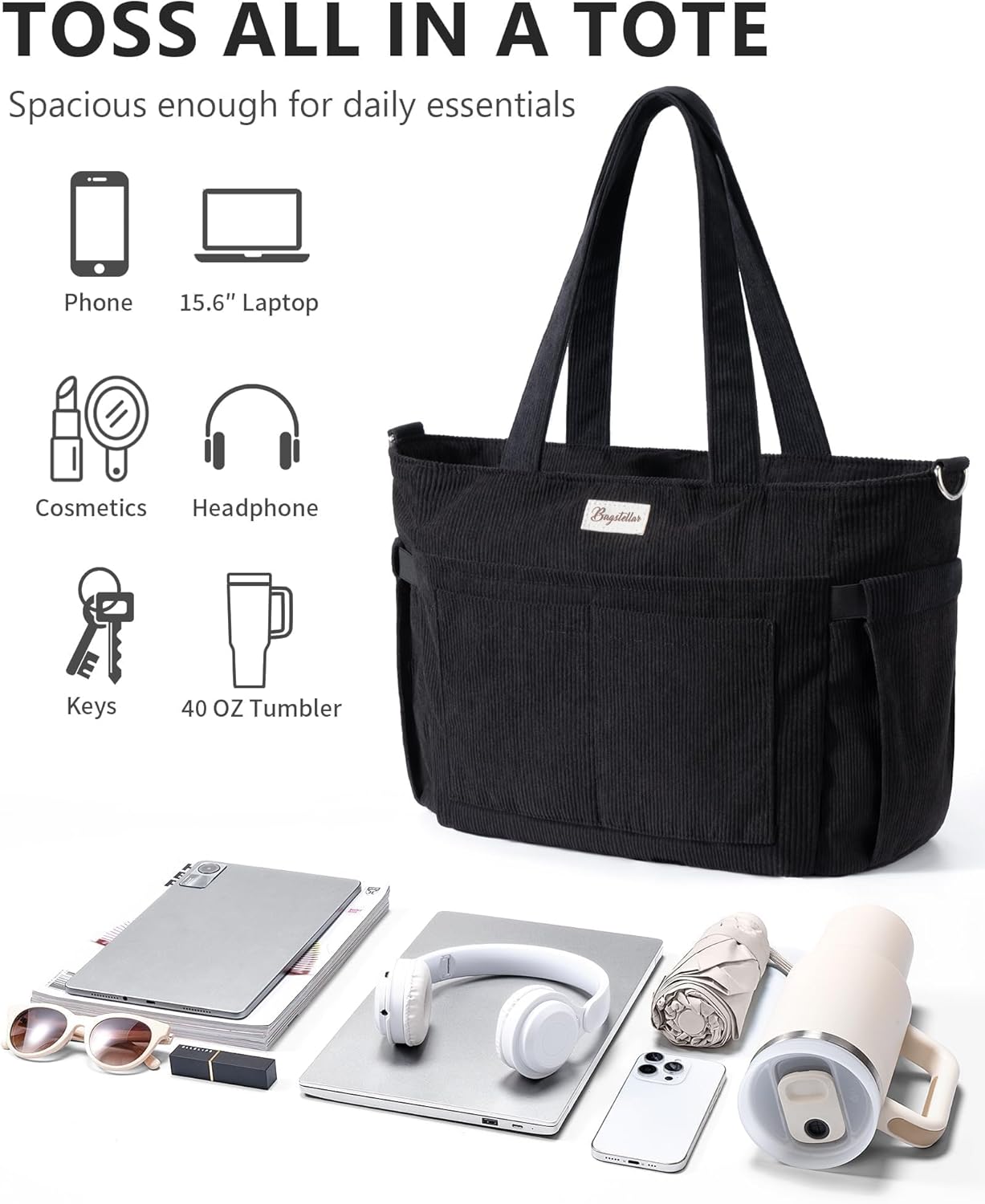 Corduroy Tote Bag for Women, 17 Pockets Laptop Work Tote Bag Lightweight Teacher Nurse Bible Bag for School Travel | with 40oz Cup Holder, Multi Compartment, Zipper Crossbody Bag, College Shoulder Bag, Daily Purse w/ Strap, Ideal Gift for Women