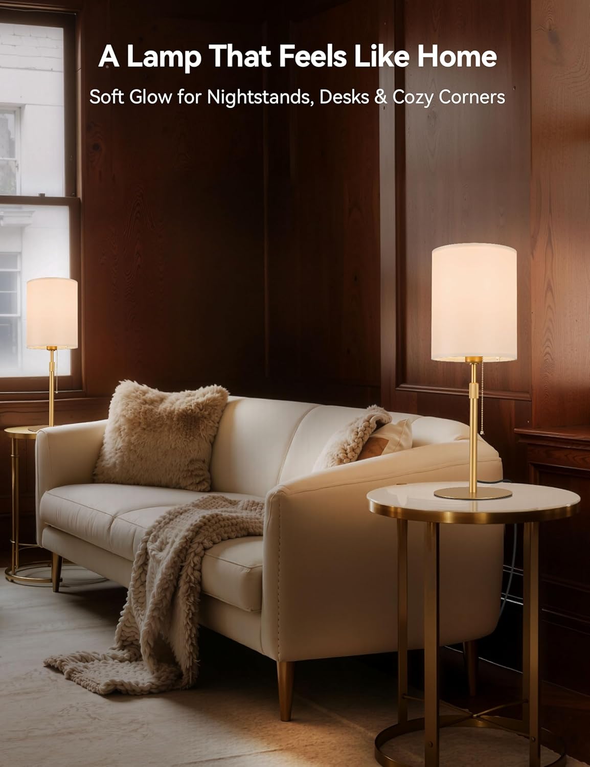Tubicen Gold Table Lamp Plug in with Pull Chain 23.6" H Tall Thin Bedside Lamps with Small Fabric Shade Base Dimmable Modern Adjustable Height Table Lamps for Living Room Bedroom Office