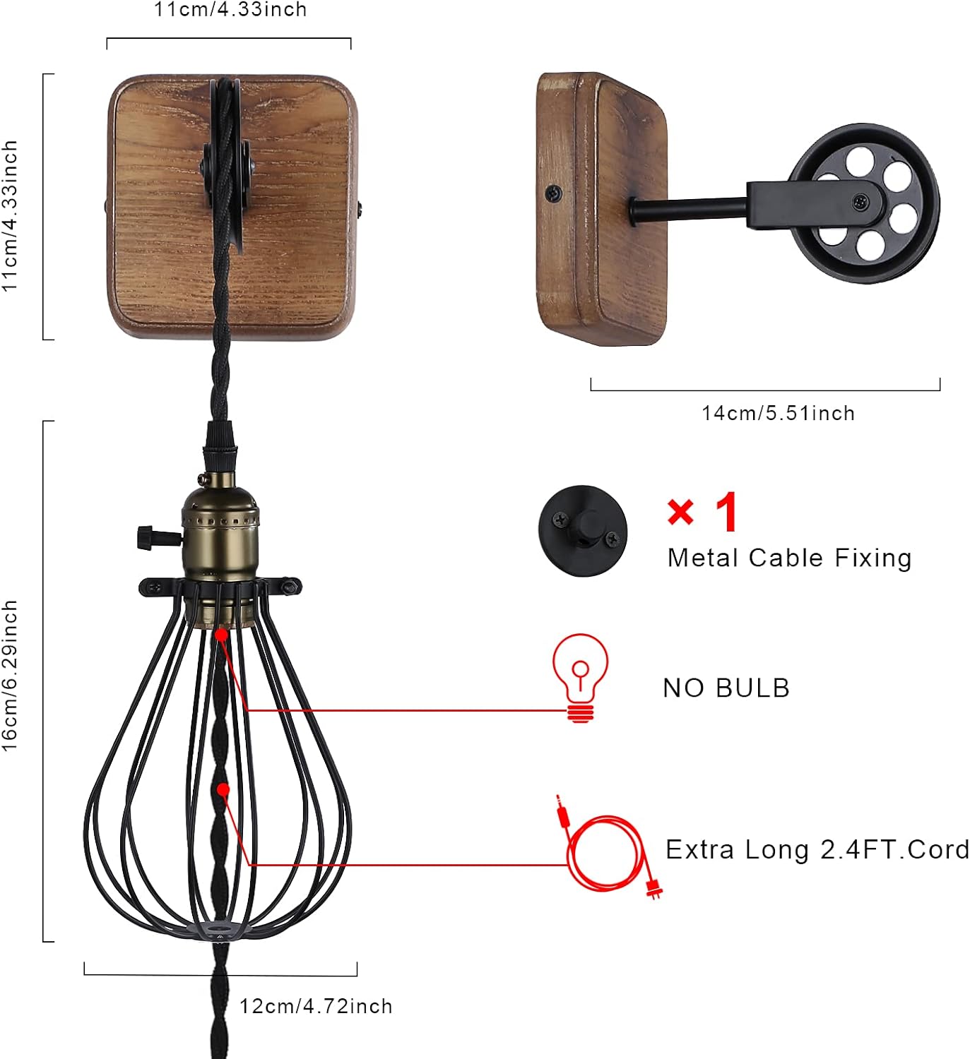Industrial Wire Cage Plug in Wall Sconces, Black Rustic Hanging Wall Light Fixture Lift Pipe Pulley with Wood Base, On Off Toggle Switch Pendant Lamp Decoration for Reading Living Room Bedroom